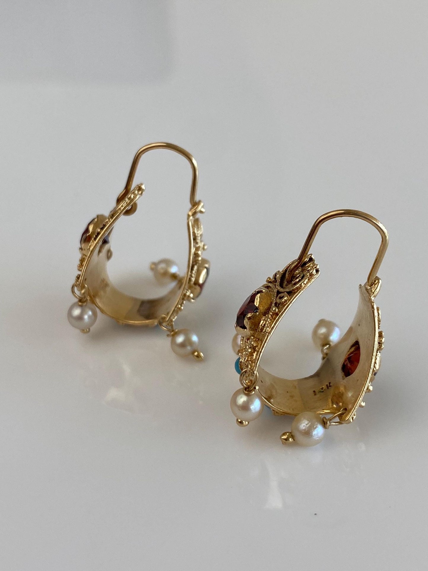 Vintage Solid 14k Yellow Gold Garnet Turquoise Pearl Filigree Hoop Earrings