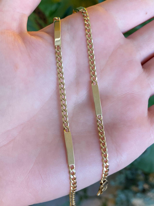 Vintage Solid 14k Yellow Gold Bar Link Curb Chain Anklet Bracelet - 10.25 inches