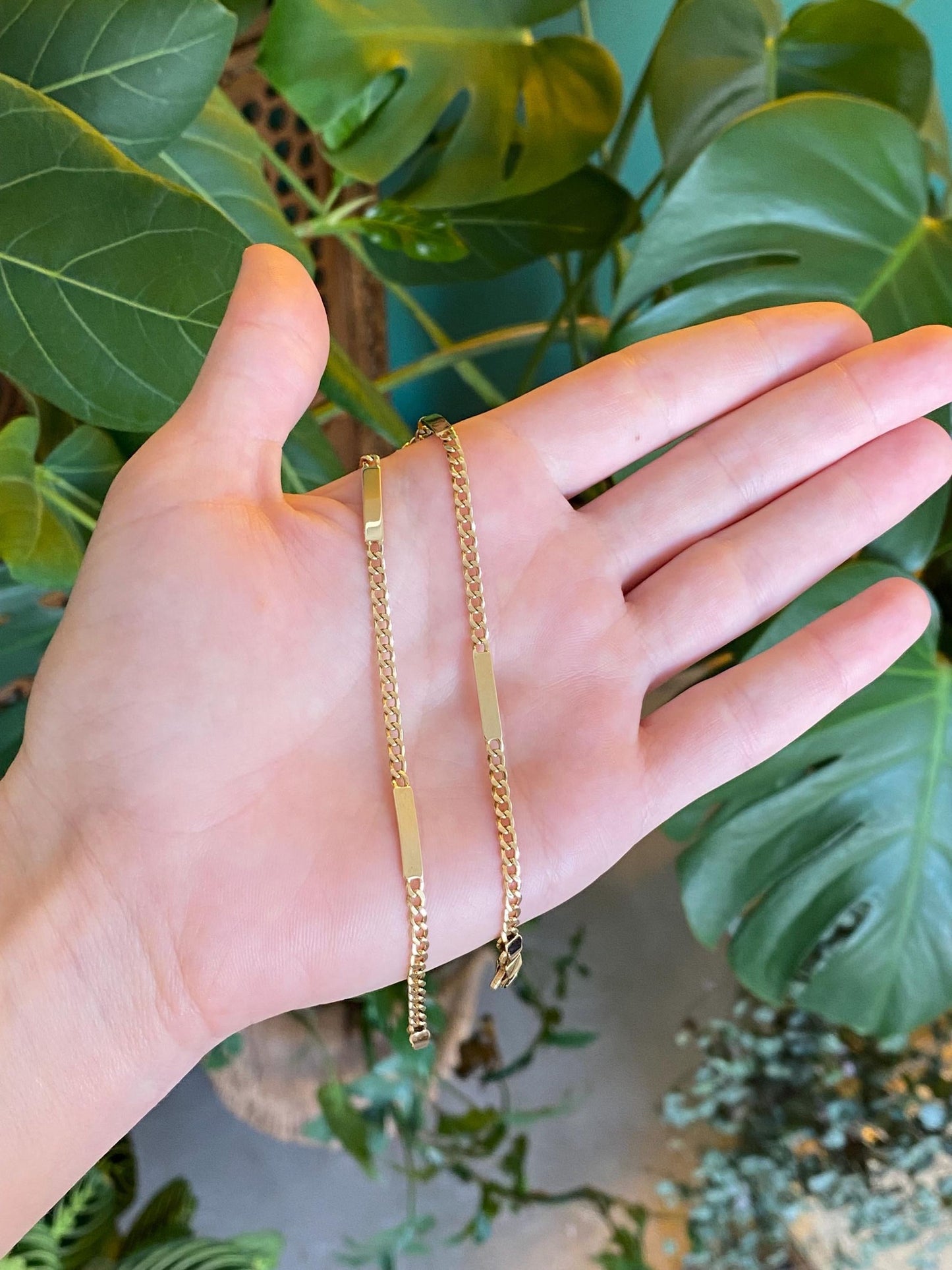 Vintage Solid 14k Yellow Gold Bar Link Curb Chain Anklet Bracelet - 10.25 inches