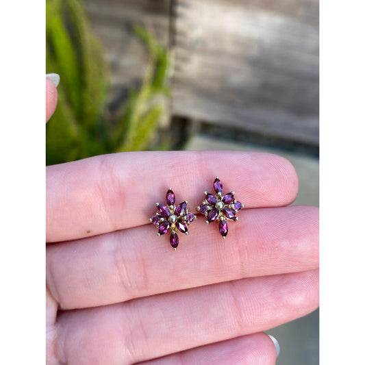 Vintage Solid 10k Yellow Gold Pink Purple Cubic Zirconia Cluster Stud Earrings