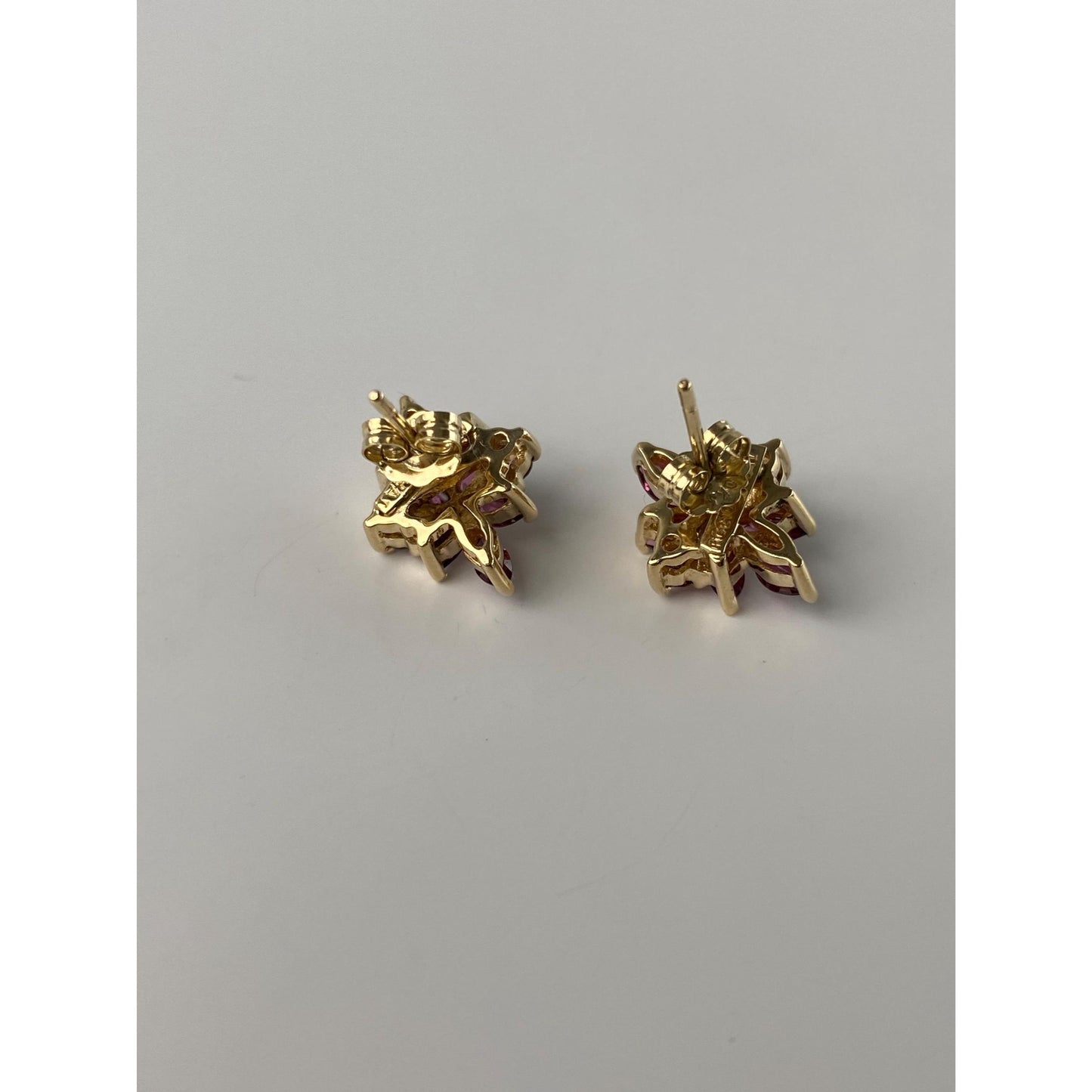 Vintage Solid 10k Yellow Gold Pink Purple Cubic Zirconia Cluster Stud Earrings