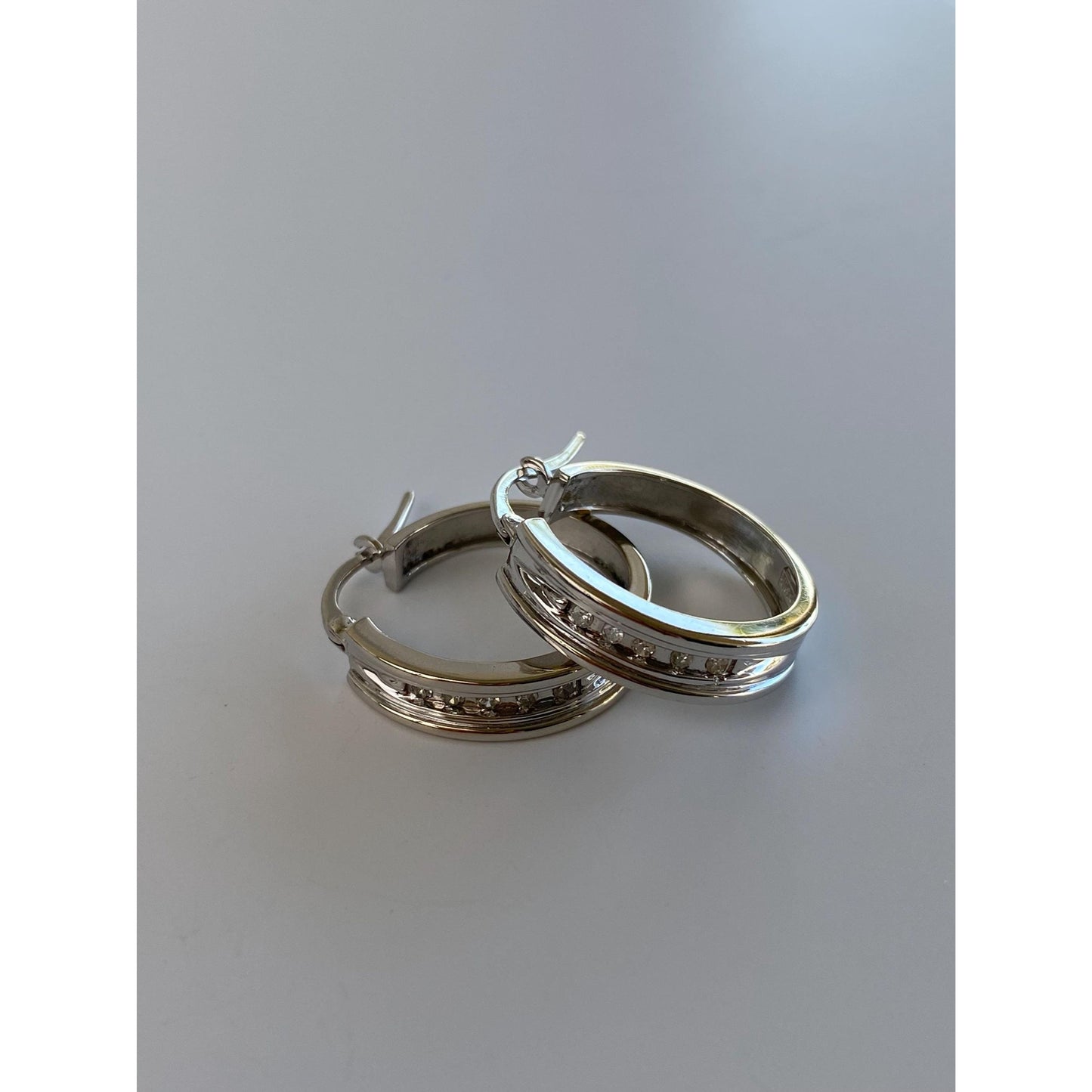 Vintage Solid 10k White Gold Diamond Hoop Earrings