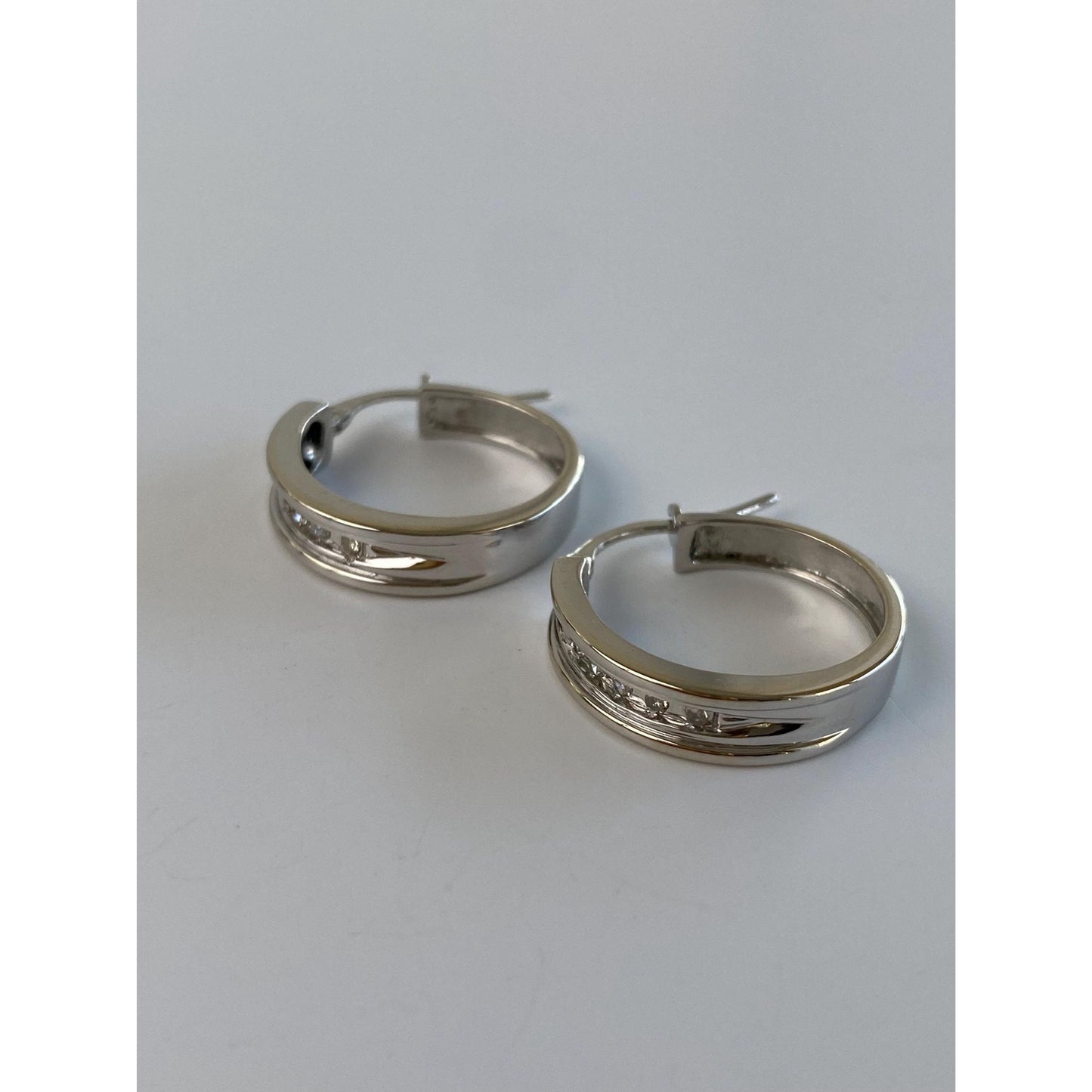 Vintage Solid 10k White Gold Diamond Hoop Earrings