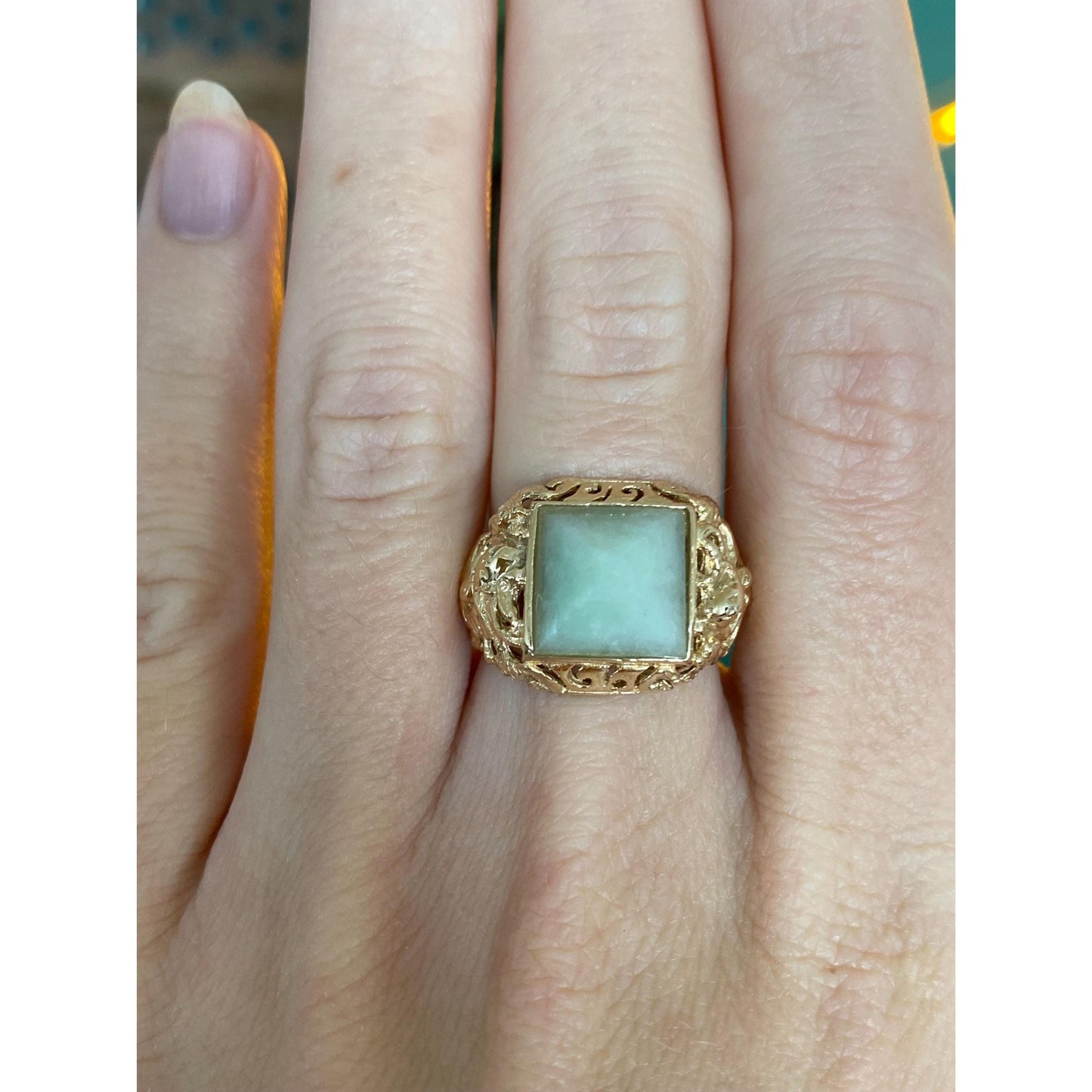 Solid 14k Yellow Gold Jade Pyramid Open Work Ring Band - Size 5.5