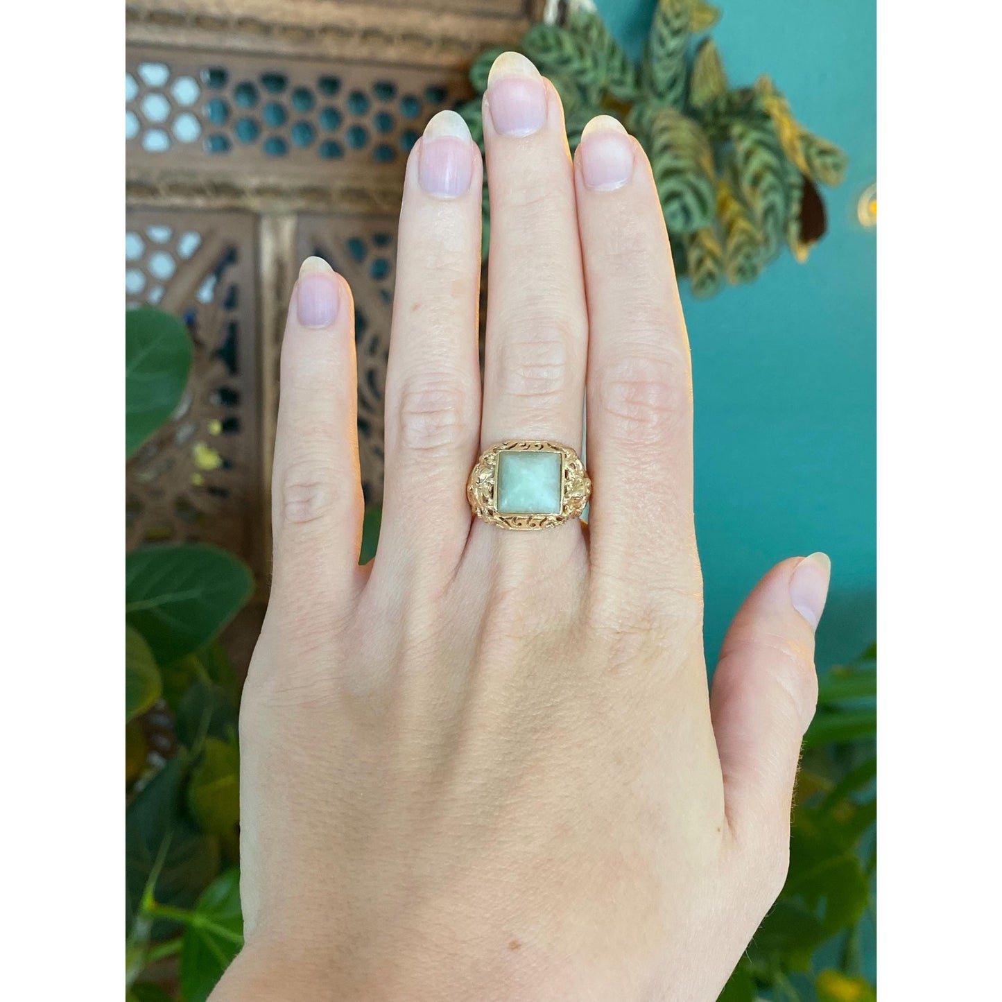 Solid 14k Yellow Gold Jade Pyramid Open Work Ring Band - Size 5.5