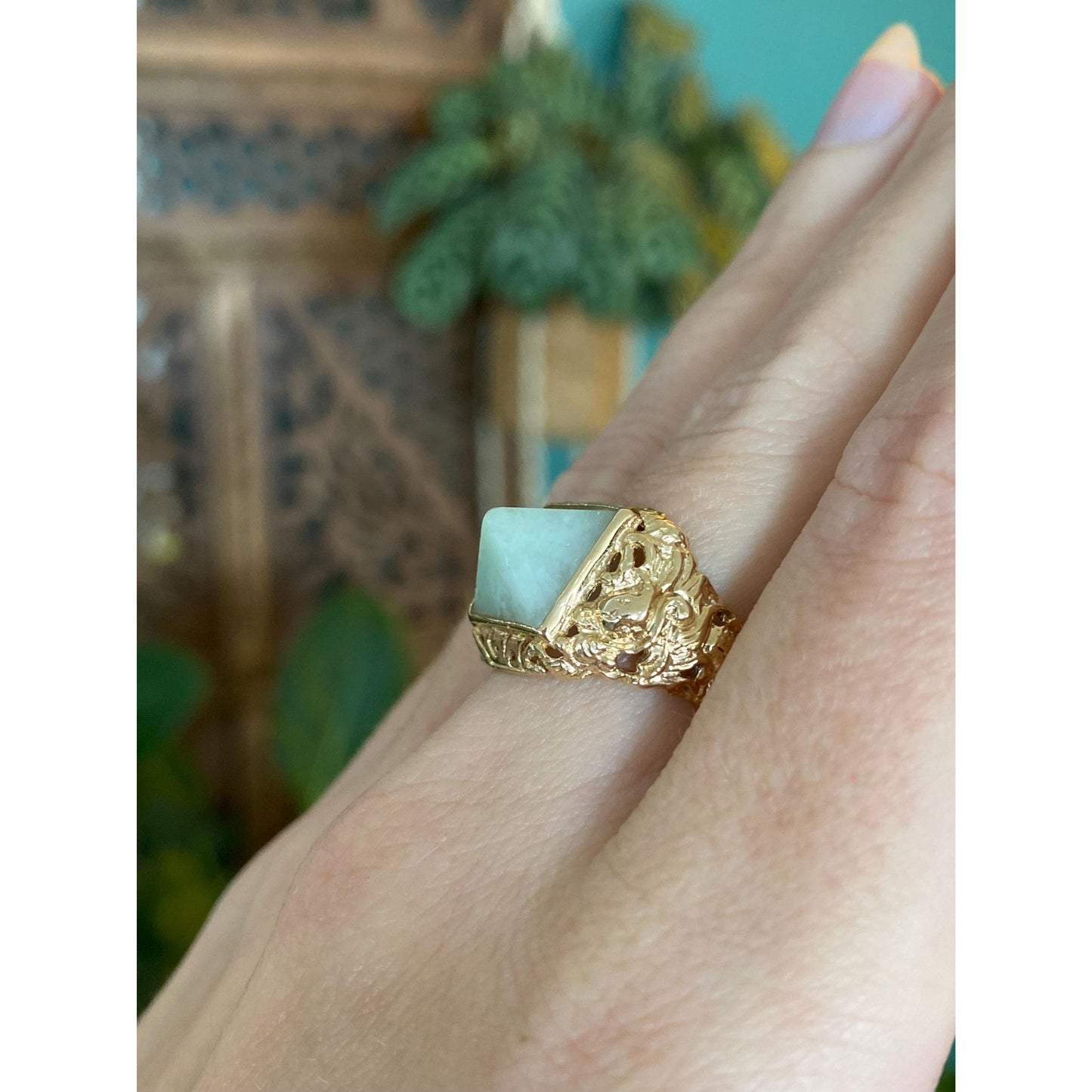 Solid 14k Yellow Gold Jade Pyramid Open Work Ring Band - Size 5.5