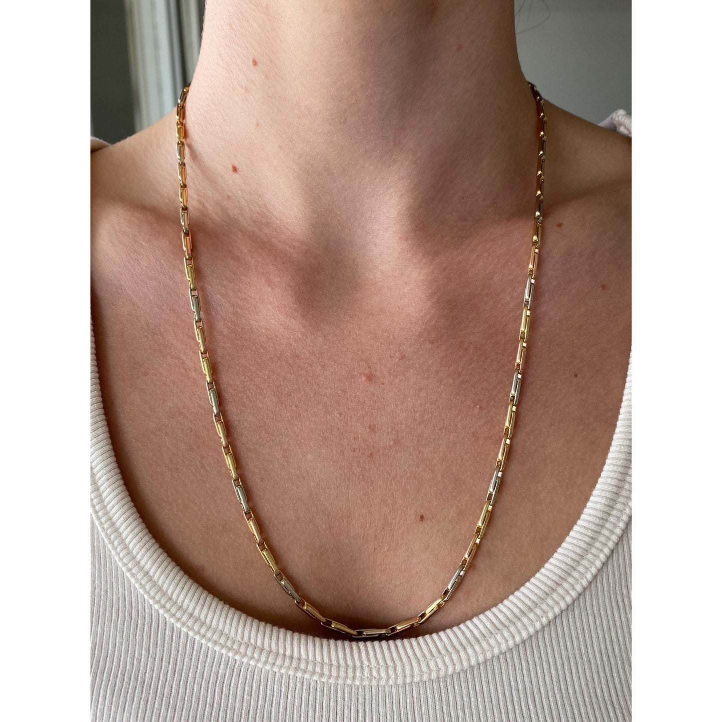 Vintage Solid 18k Tri-Tone Gold Barrel Link Chain Necklace - 23 inches
