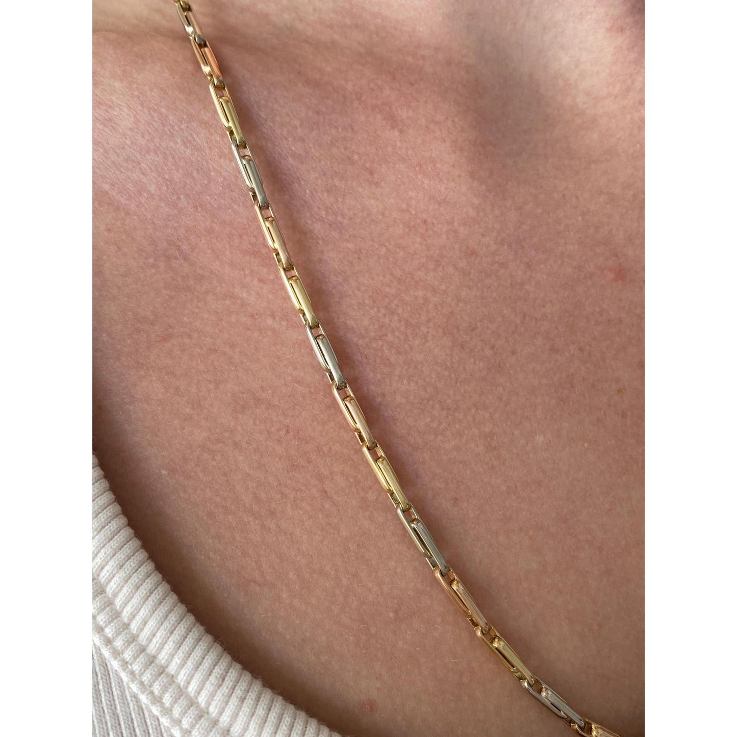 Vintage Solid 18k Tri-Tone Gold Barrel Link Chain Necklace - 23 inches