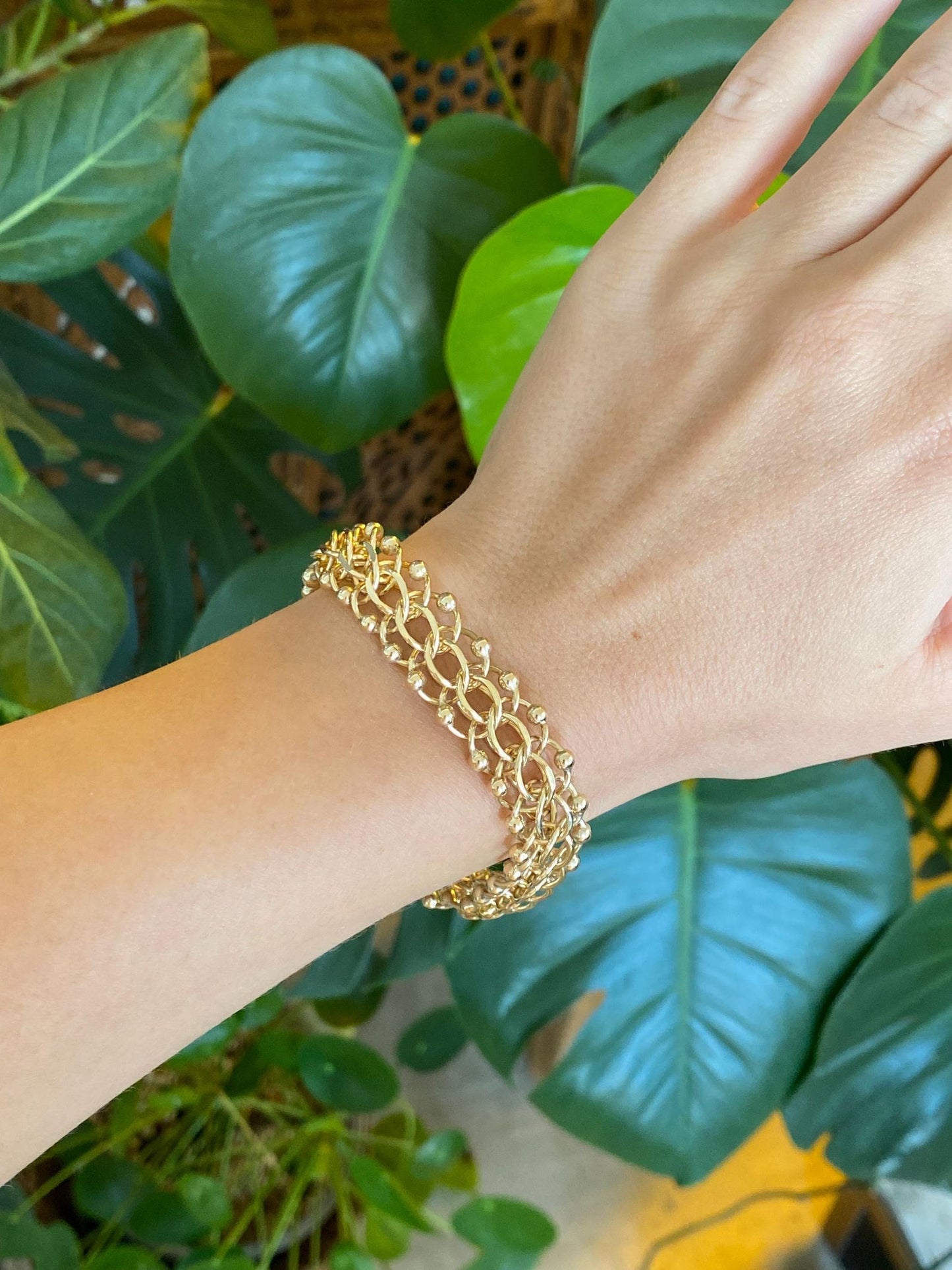 Vintage Solid 14k Yellow Gold Chunky Ball Link Charm Bracelet - 7.5 inches