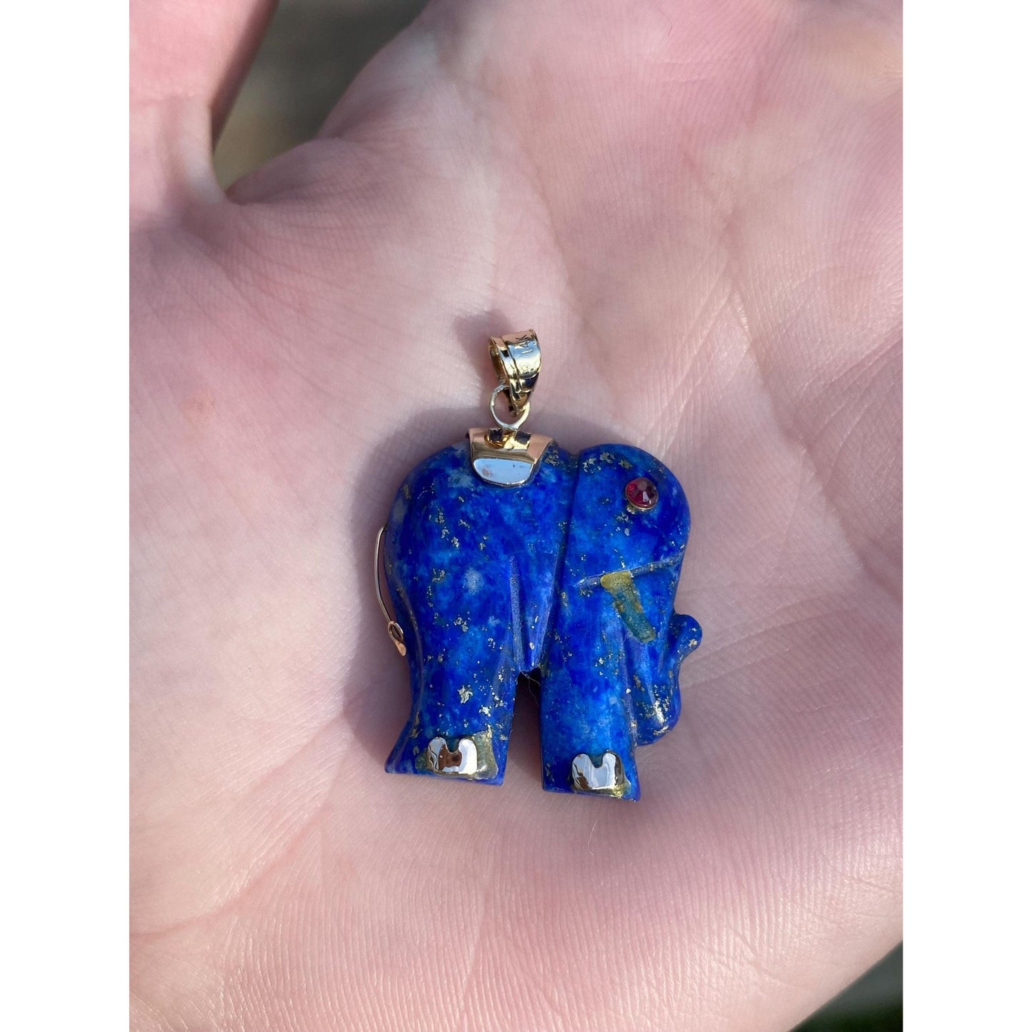 Vintage Solid 14k Yellow Gold Blue Lapis Pink Spinel Elephant Charm