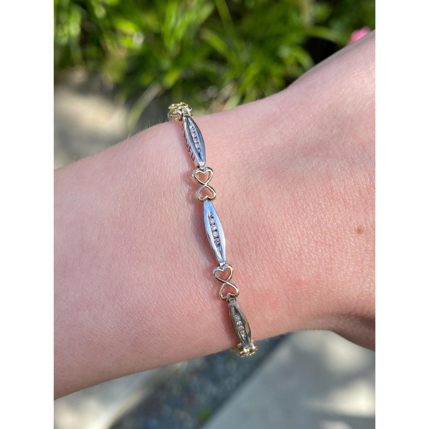 Solid 14k White & Yellow Gold Diamond 'I Love You' Hearts Link Bracelet - 7.75 inches