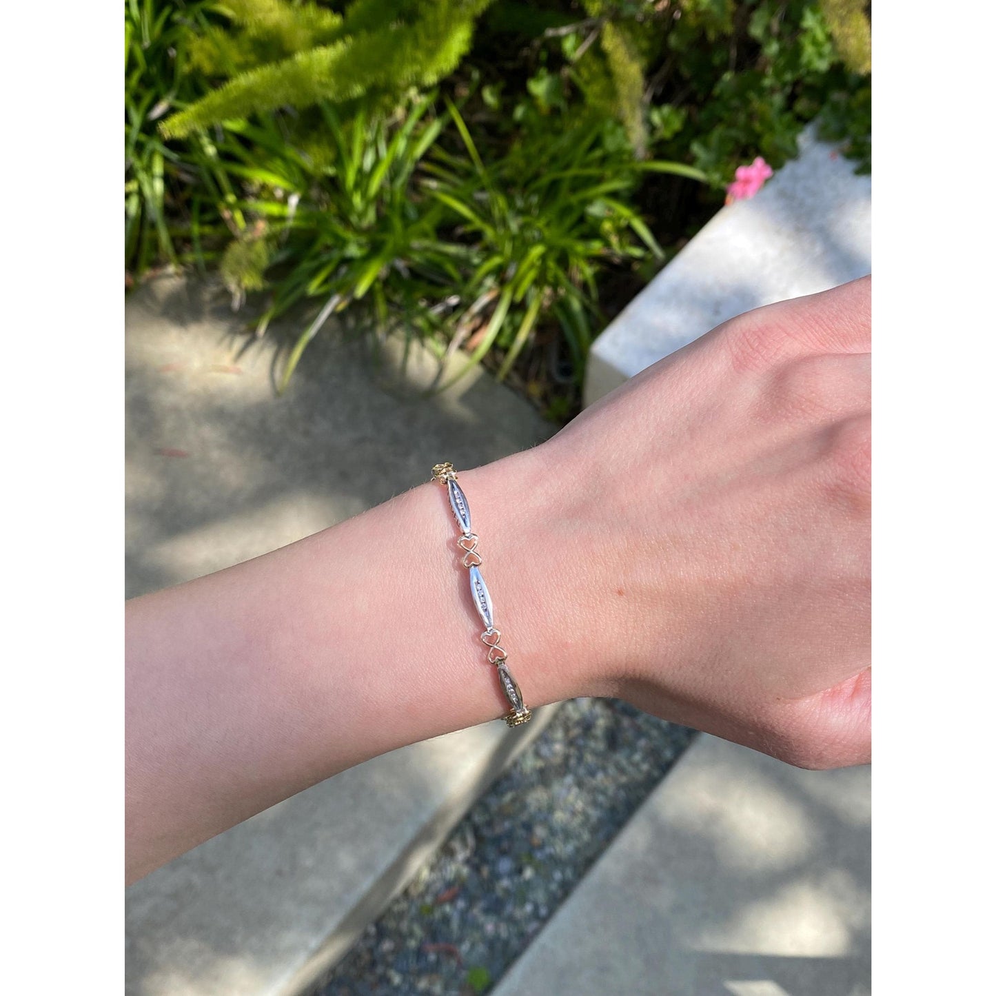 Solid 14k White & Yellow Gold Diamond 'I Love You' Hearts Link Bracelet - 7.75 inches