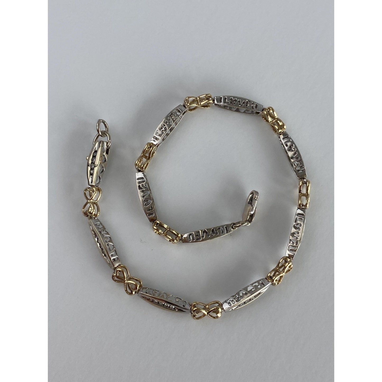 Solid 14k White & Yellow Gold Diamond 'I Love You' Hearts Link Bracelet - 7.75 inches