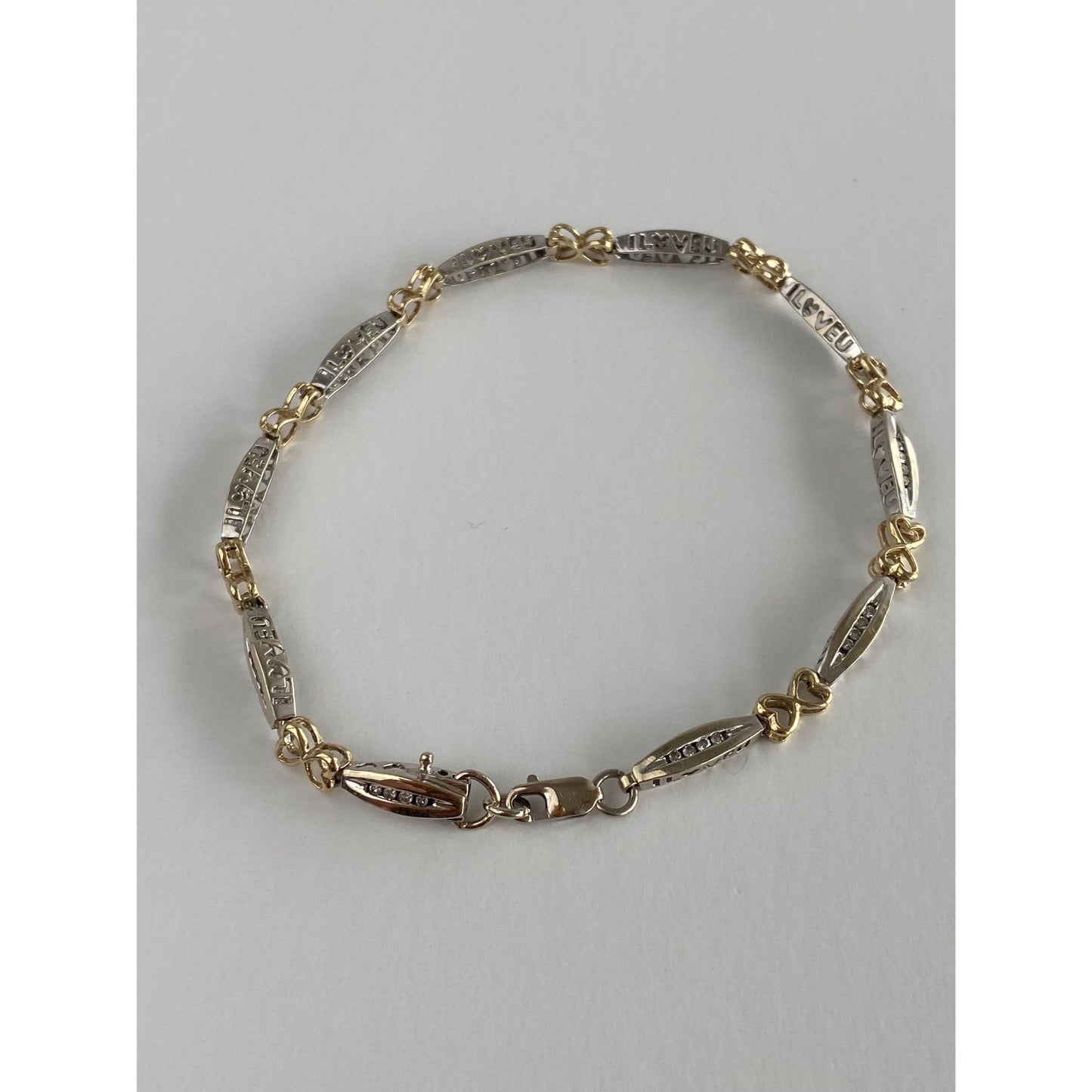 Solid 14k White & Yellow Gold Diamond 'I Love You' Hearts Link Bracelet - 7.75 inches