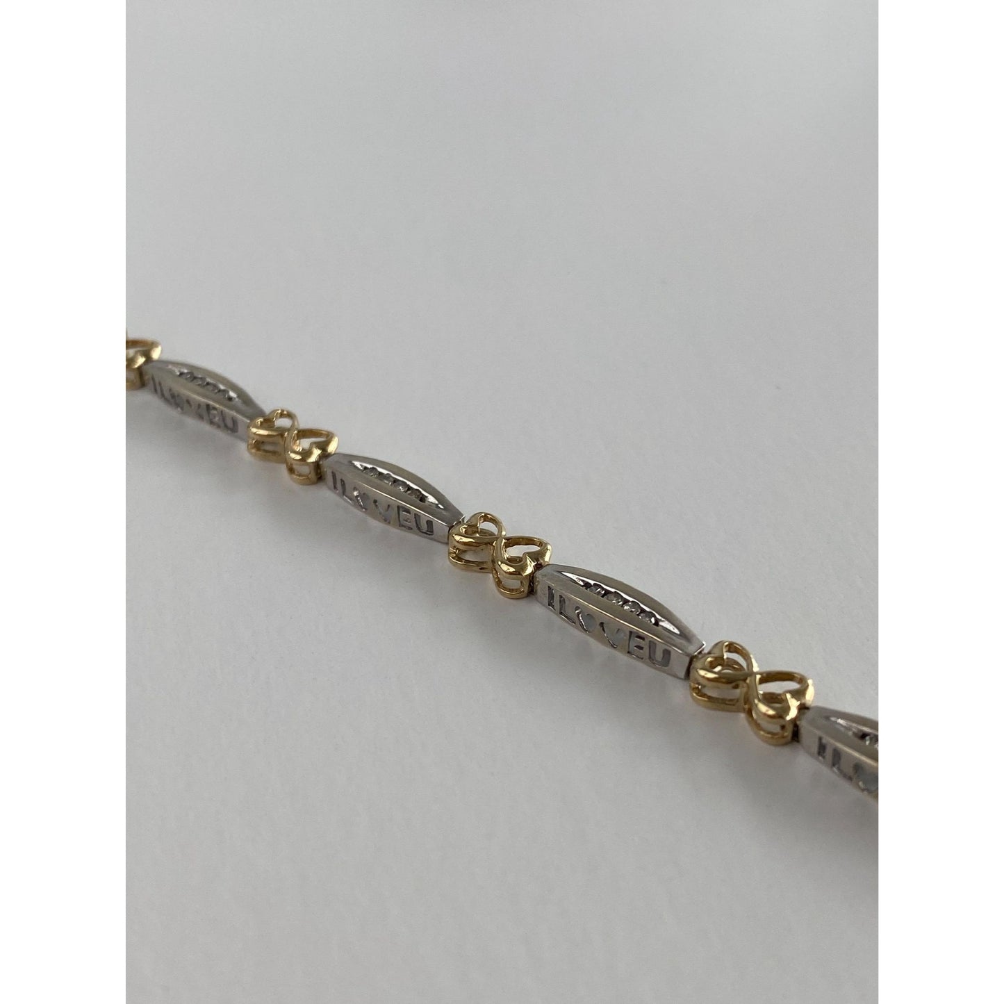 Solid 14k White & Yellow Gold Diamond 'I Love You' Hearts Link Bracelet - 7.75 inches
