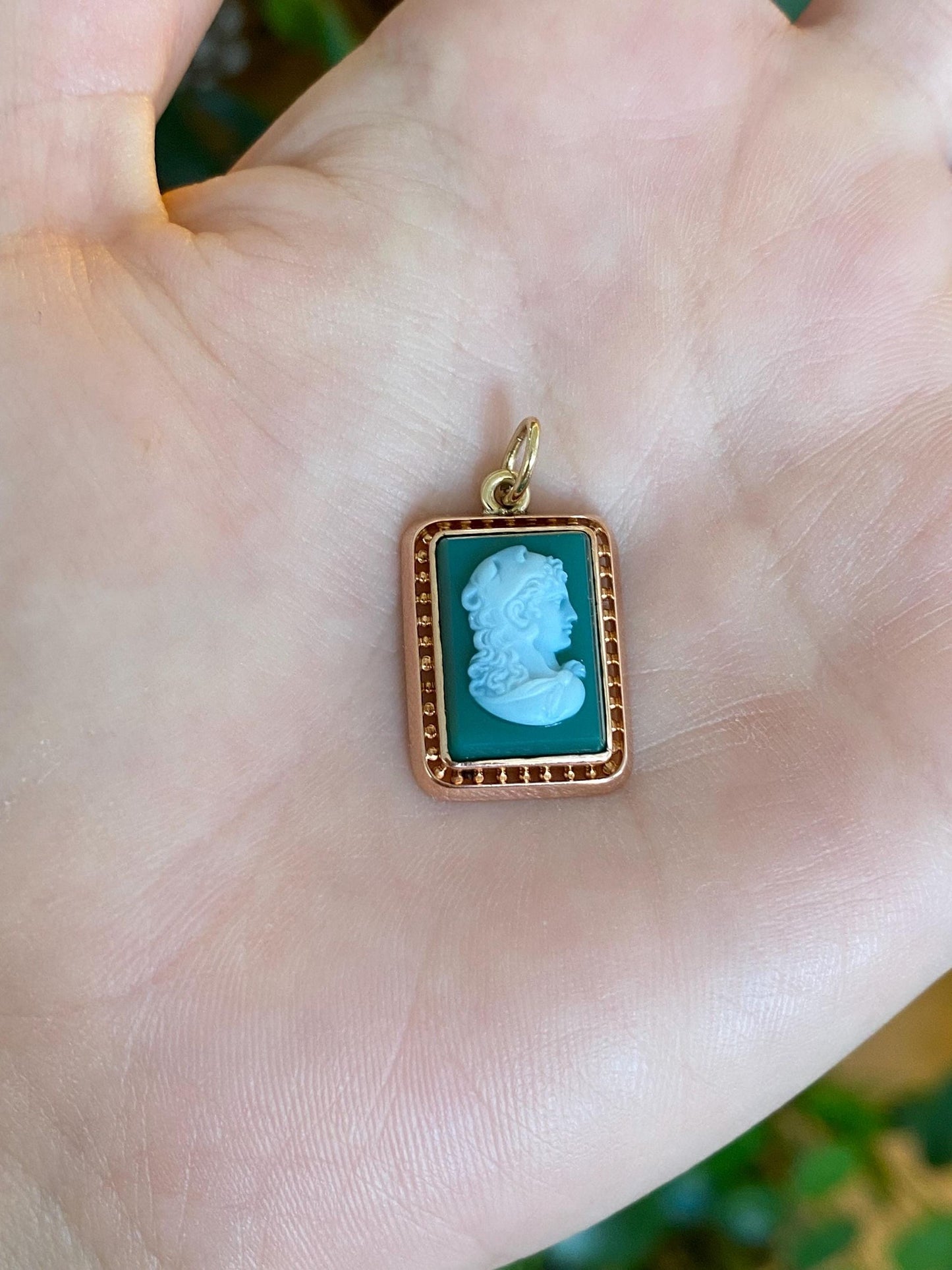 Vintage Solid 14k Rose & Yellow Gold Green Chalcedony Cameo Charm
