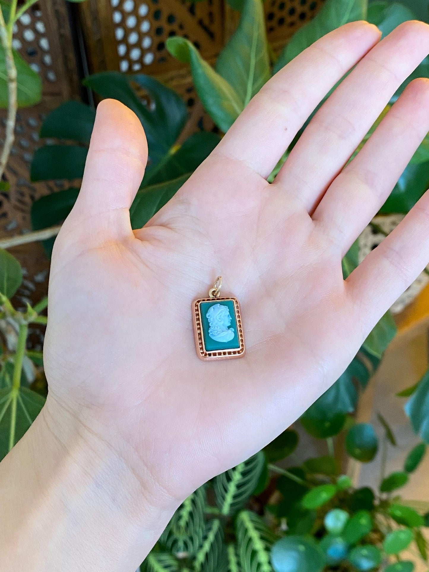 Vintage Solid 14k Rose & Yellow Gold Green Chalcedony Cameo Charm