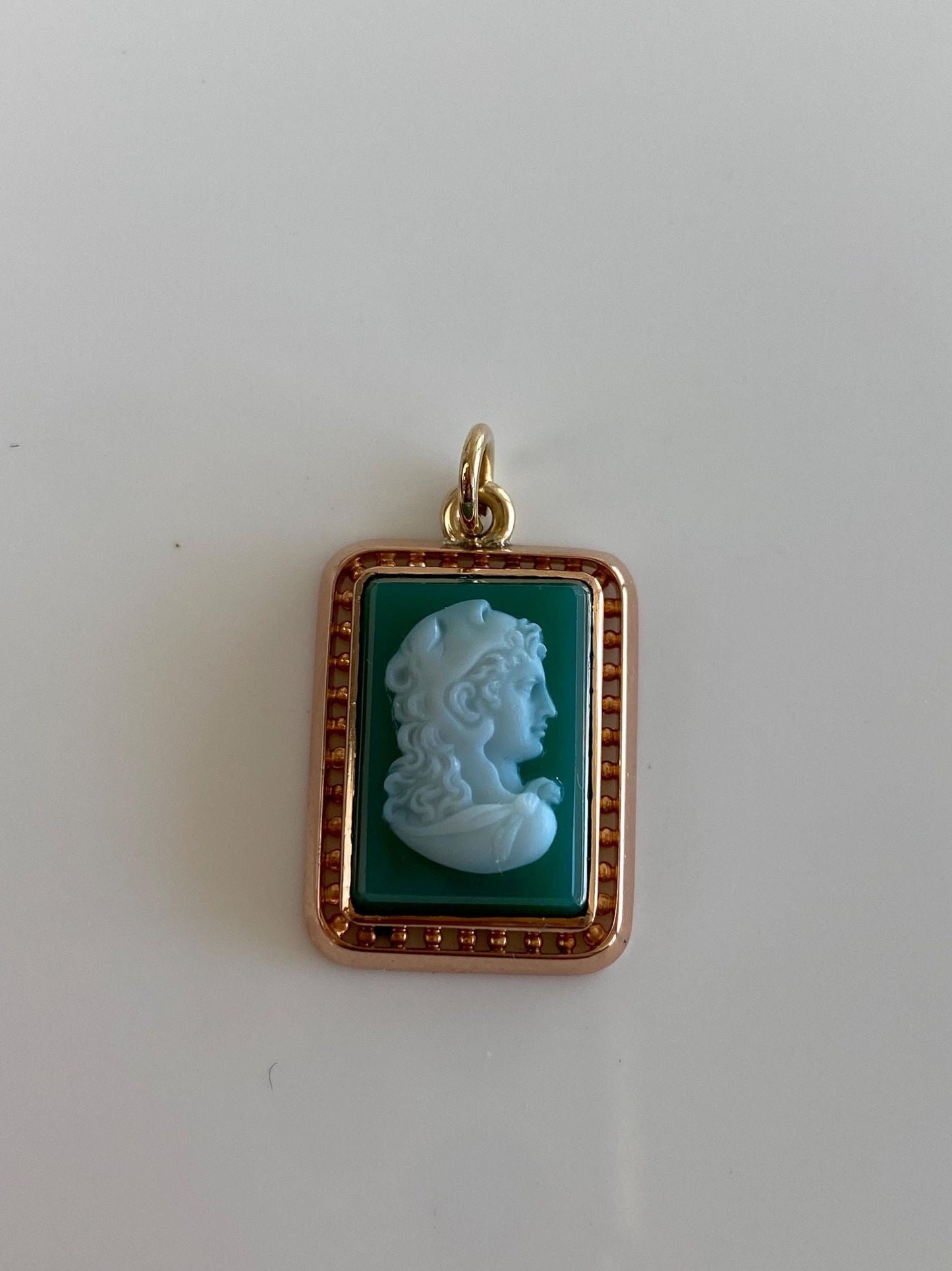Vintage Solid 14k Rose & Yellow Gold Green Chalcedony Cameo Charm