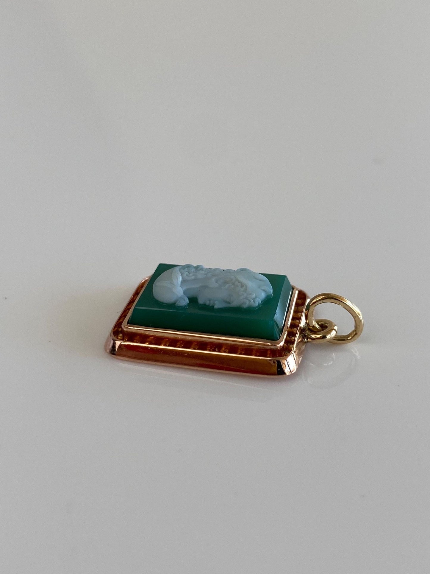Vintage Solid 14k Rose & Yellow Gold Green Chalcedony Cameo Charm