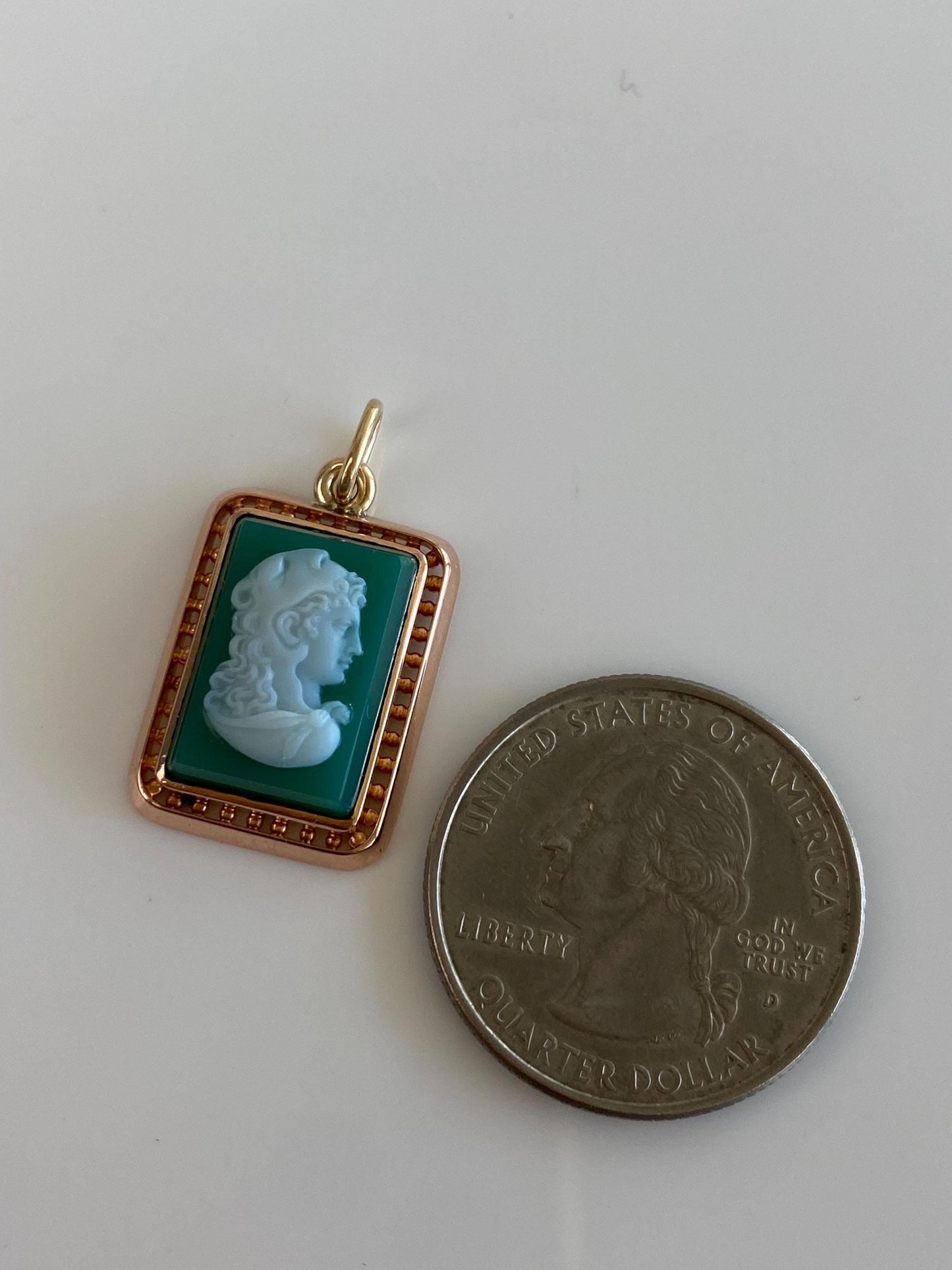Vintage Solid 14k Rose & Yellow Gold Green Chalcedony Cameo Charm