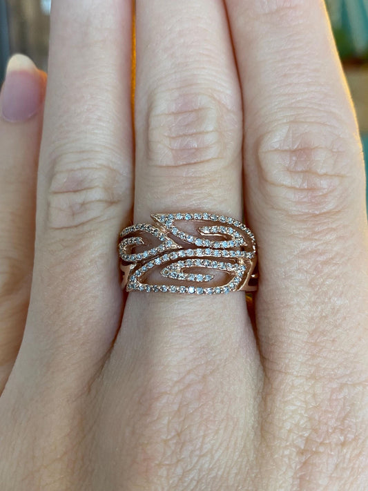 Vintage Solid 14k Rose Gold Diamonds Open Work Ring Band - Size 7