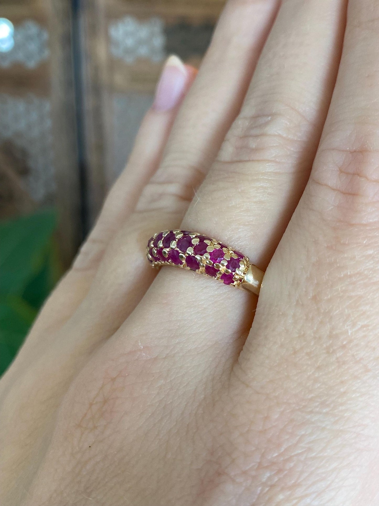 Vintage Solid 14k Yellow Gold Pink Sapphire Ring Band - Size 9.75