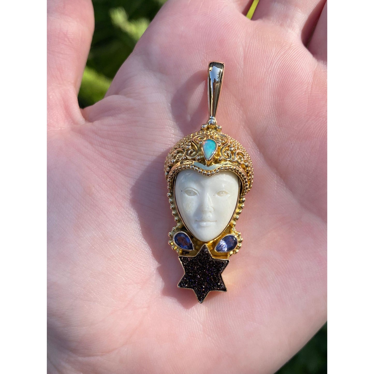 Solid 18k Yellow Gold Opal Tanzanite Purple Druzy Carved Bone Lady Charm