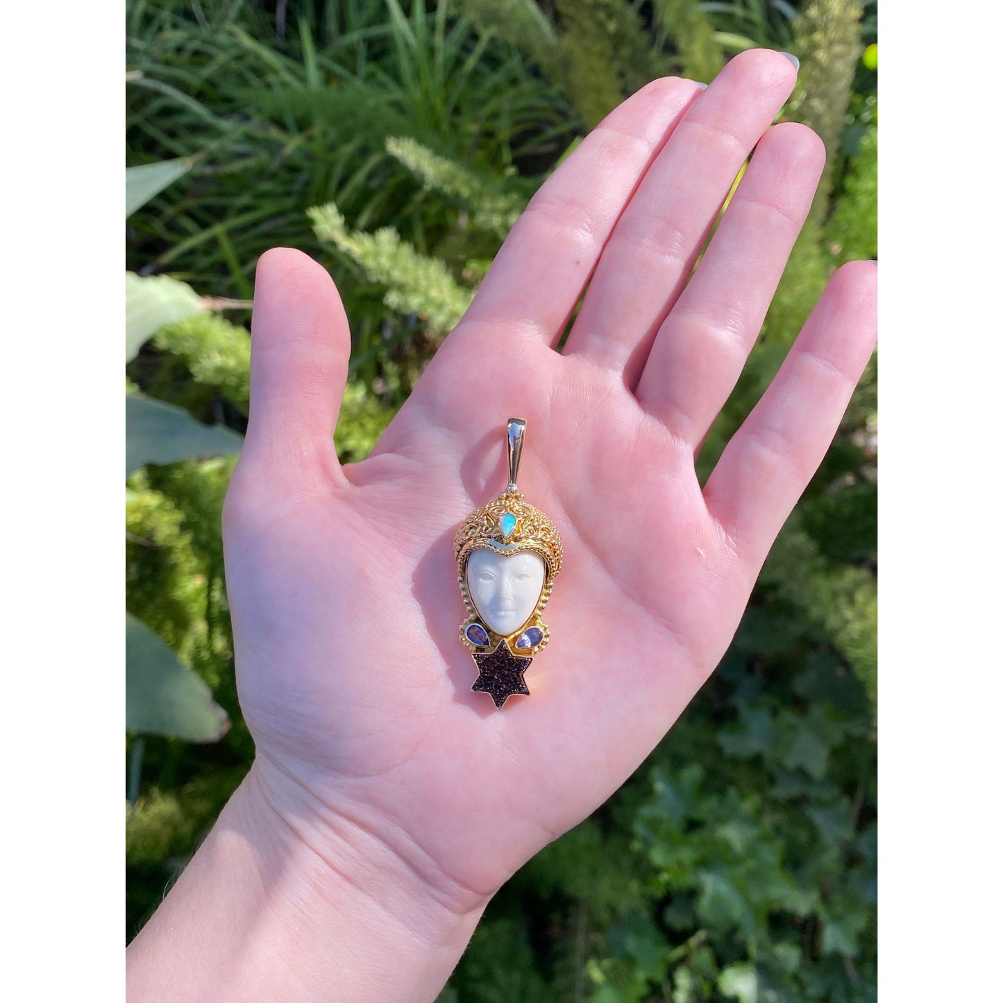 Solid 18k Yellow Gold Opal Tanzanite Purple Druzy Carved Bone Lady Charm