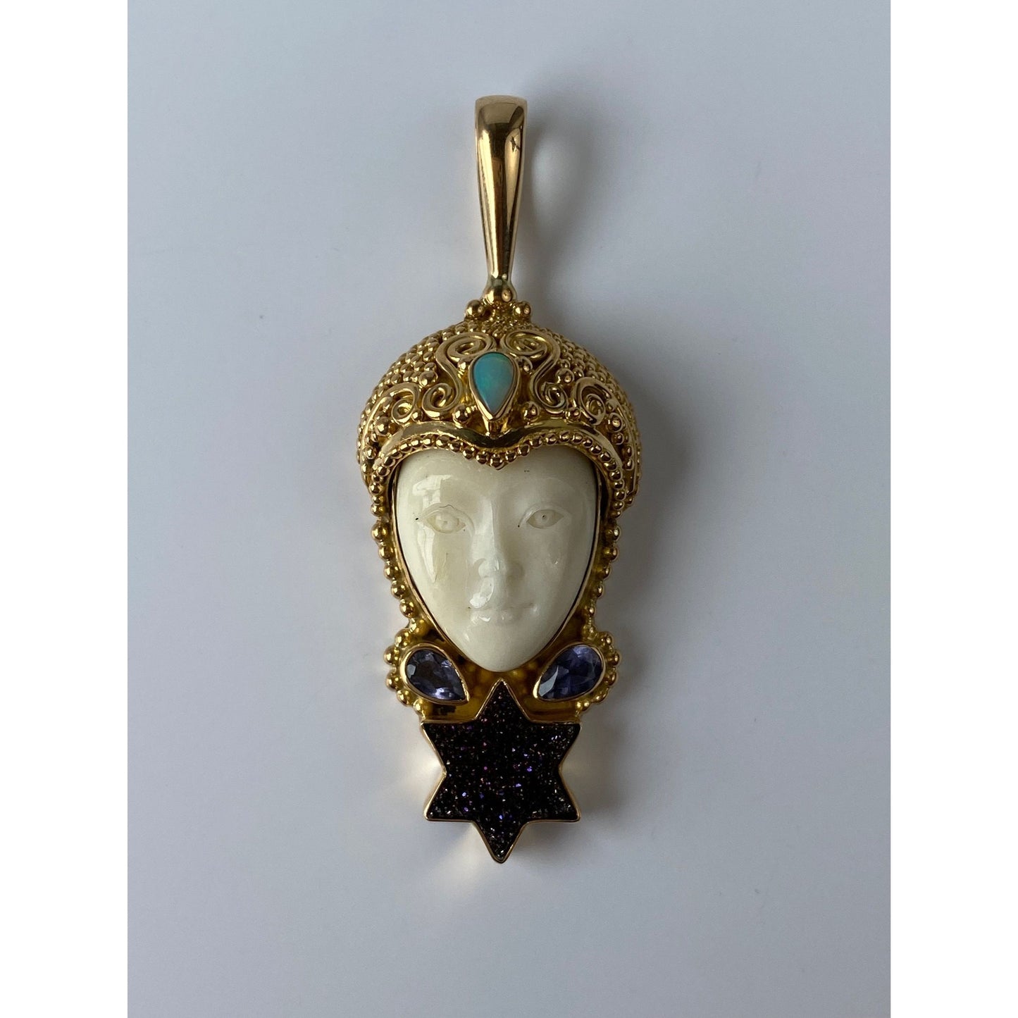 Solid 18k Yellow Gold Opal Tanzanite Purple Druzy Carved Bone Lady Charm