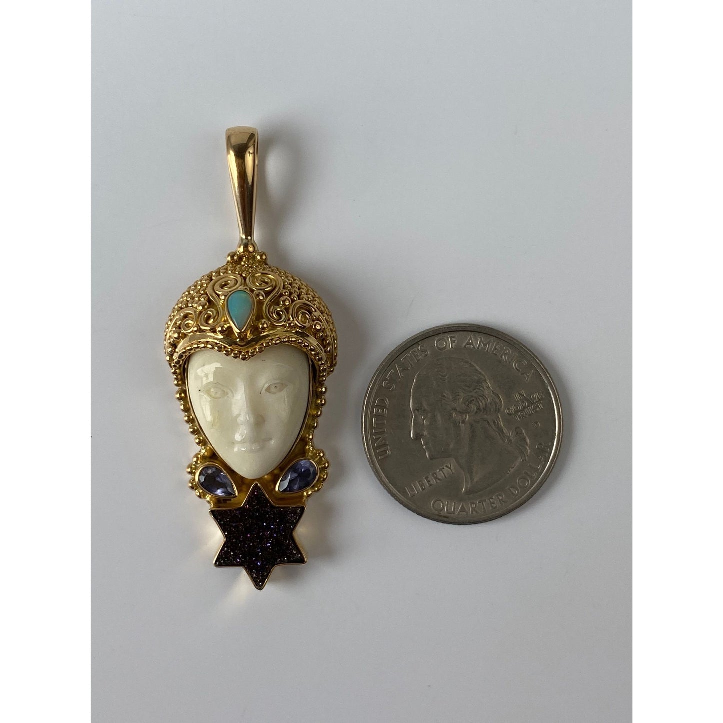 Solid 18k Yellow Gold Opal Tanzanite Purple Druzy Carved Bone Lady Charm