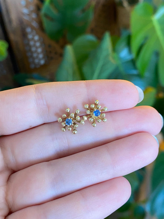 Vintage Solid 14k Yellow Gold Blue Sapphire Atomic Sputnik Stud Earrings
