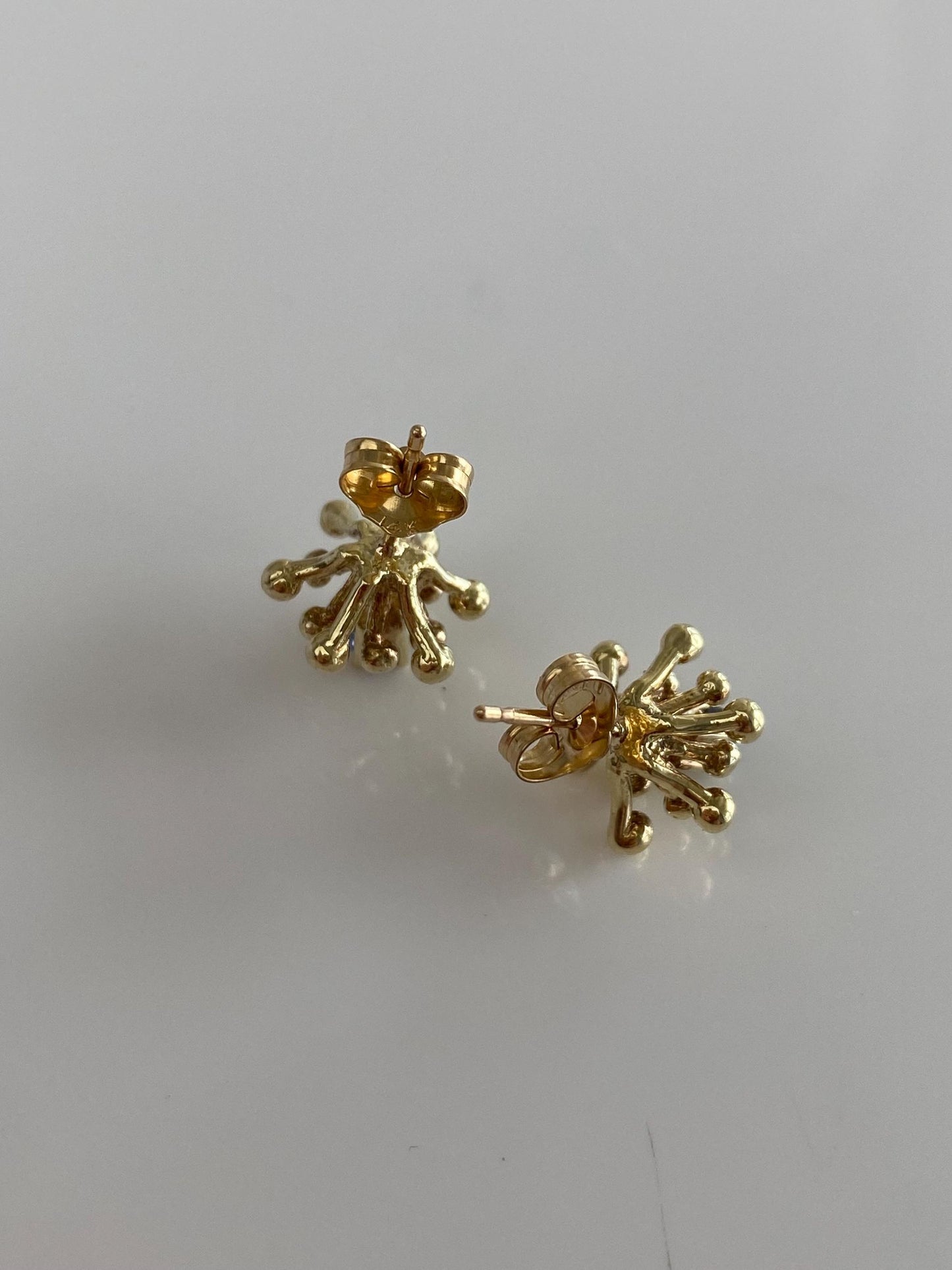 Vintage Solid 14k Yellow Gold Blue Sapphire Atomic Sputnik Stud Earrings