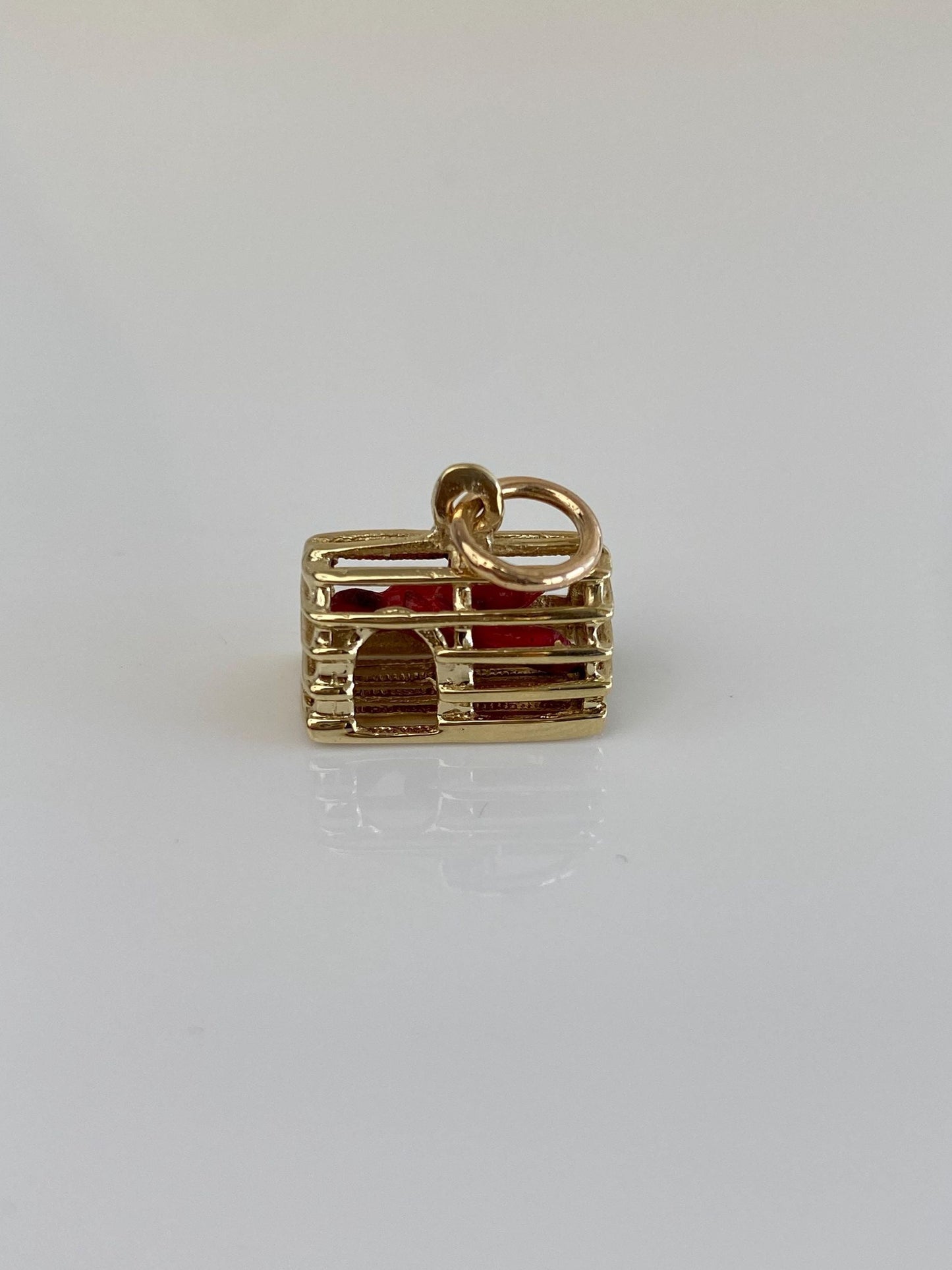 Vintage Solid 14k Yellow Gold Enamel Lobster in Lobster Trap Charm