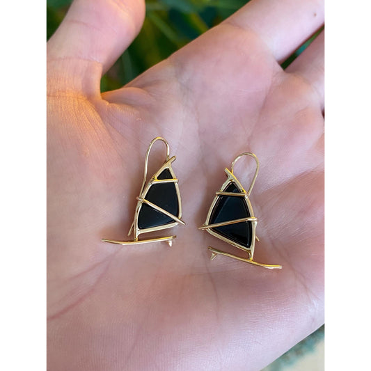 Solid 14k Black Onyx Sailboat Dangle Earrings