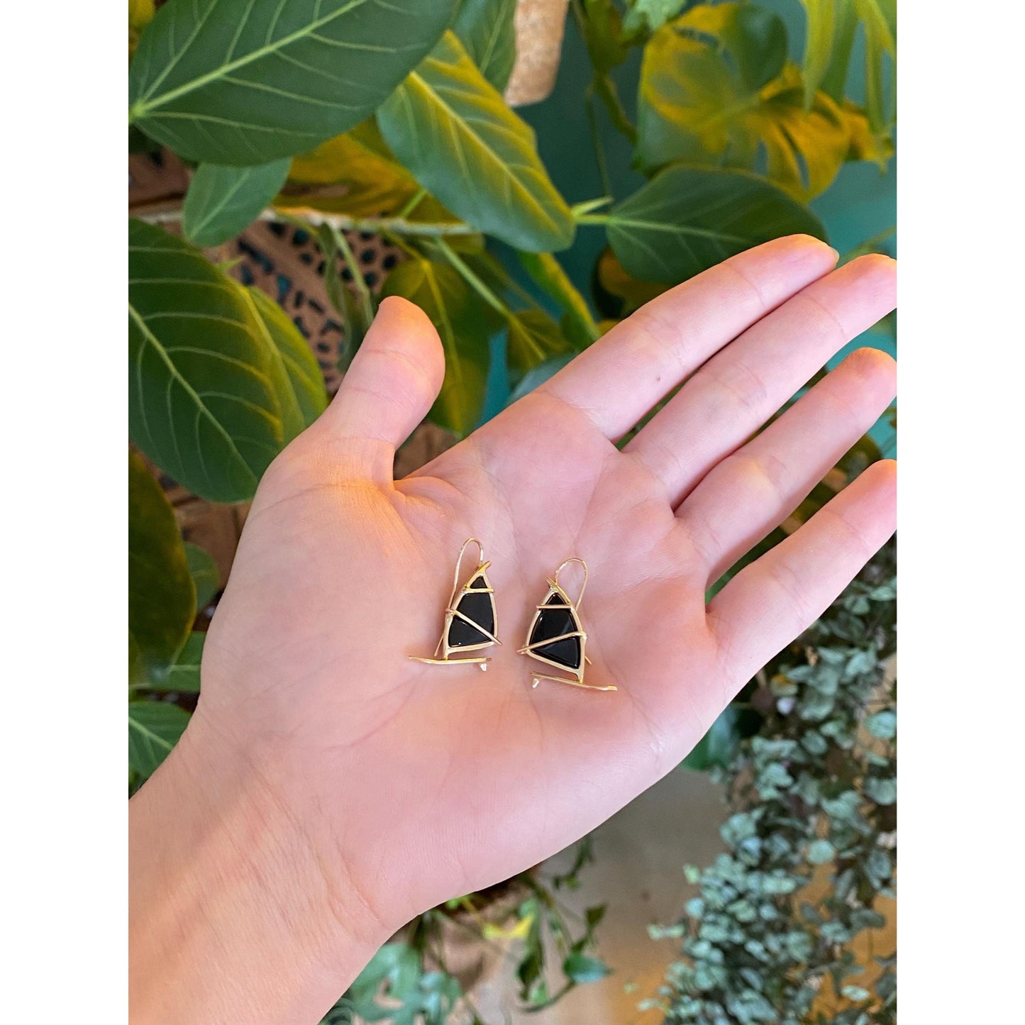 Solid 14k Black Onyx Sailboat Dangle Earrings