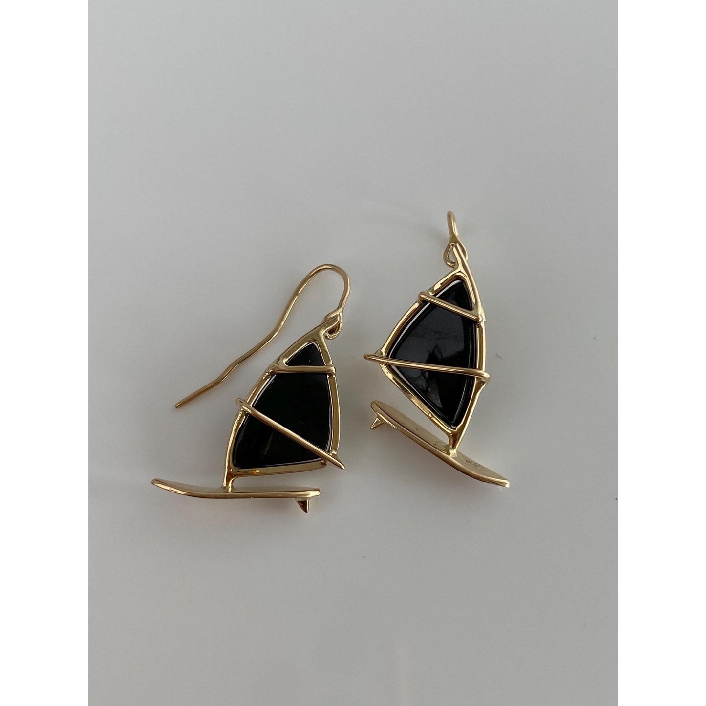 Solid 14k Black Onyx Sailboat Dangle Earrings