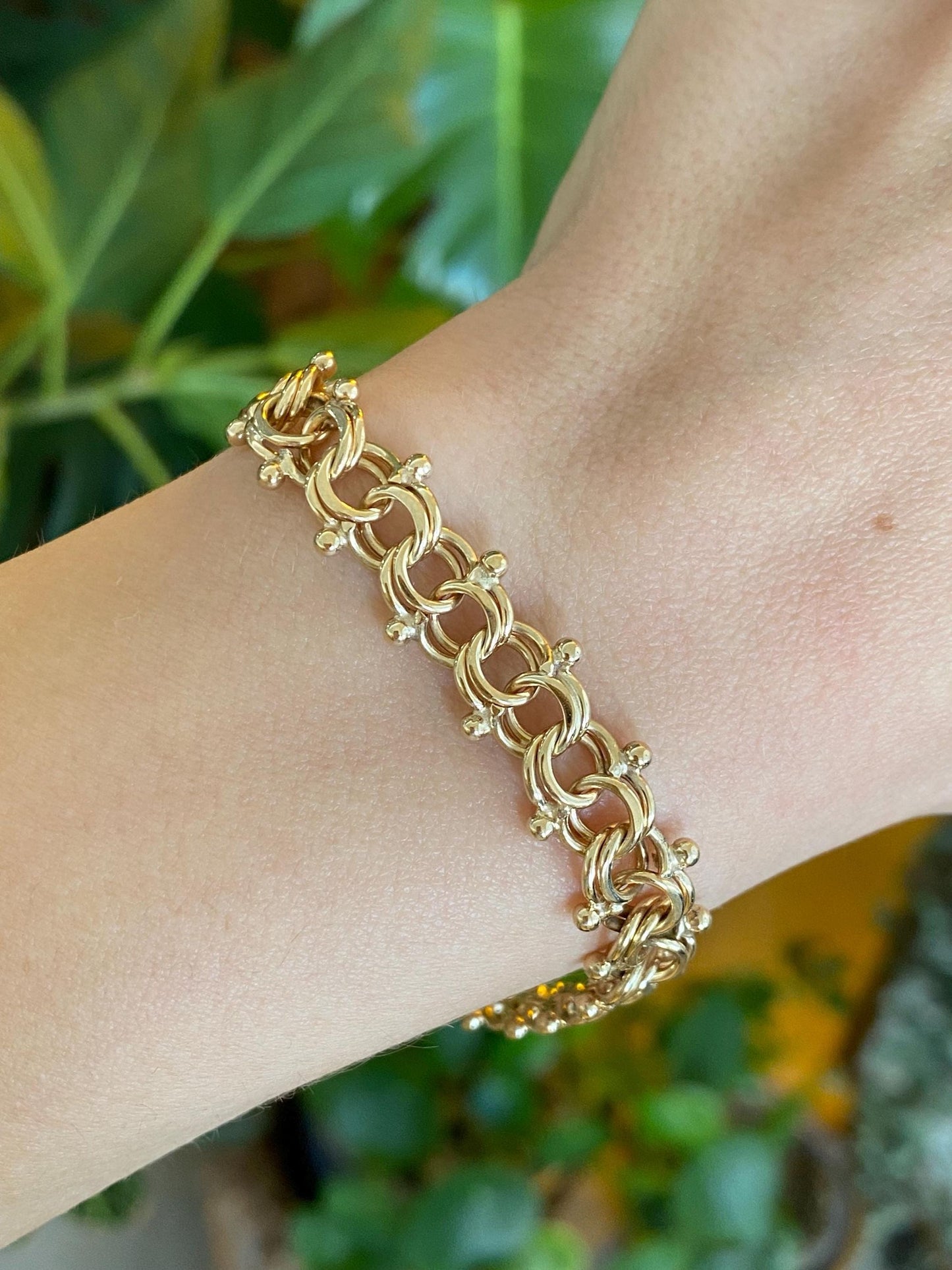 Vintage Solid 14k Yellow Gold Chunky Double Link Charm Bracelet - 7.25 inches