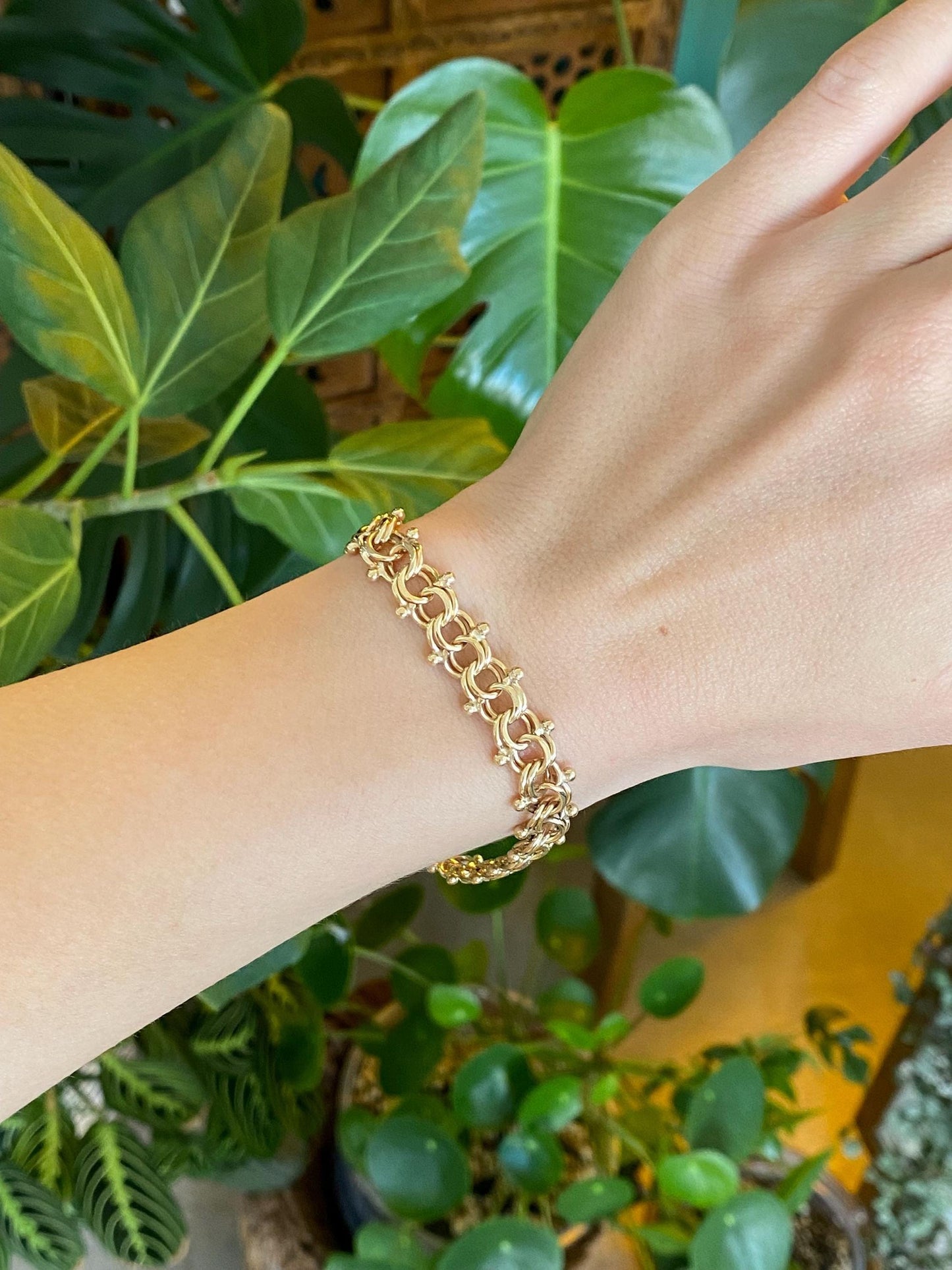 Vintage Solid 14k Yellow Gold Chunky Double Link Charm Bracelet - 7.25 inches
