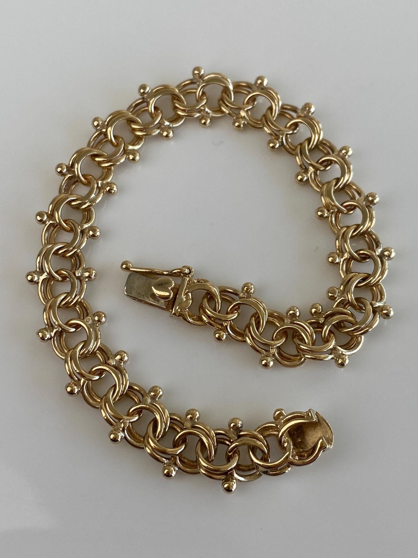 Vintage Solid 14k Yellow Gold Chunky Double Link Charm Bracelet - 7.25 inches