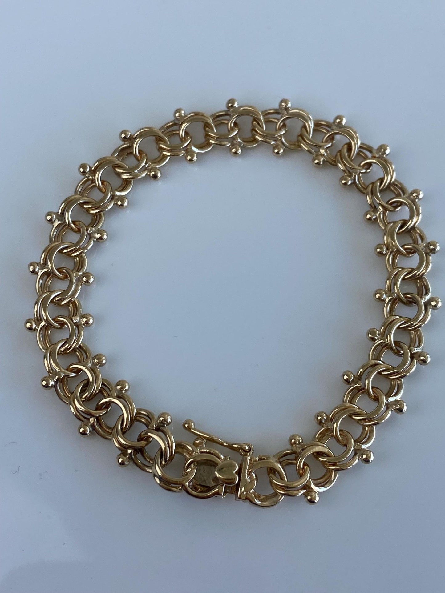 Vintage Solid 14k Yellow Gold Chunky Double Link Charm Bracelet - 7.25 inches