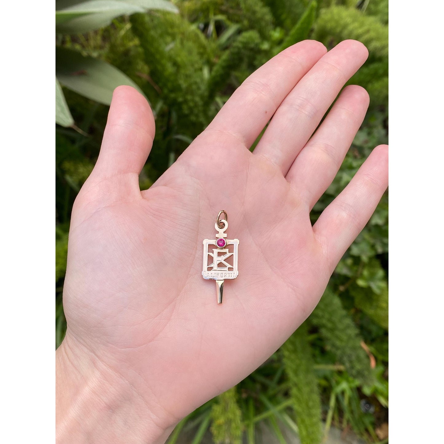 Vintage Solid 10k Yellow Gold Pink Sapphire Key Charm