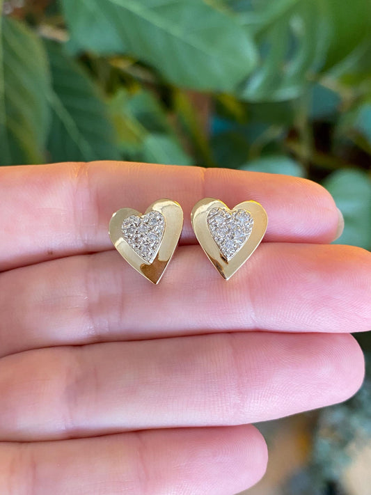 Vintage Solid 14k White & Yellow Gold Diamond Heart Stud Earrings