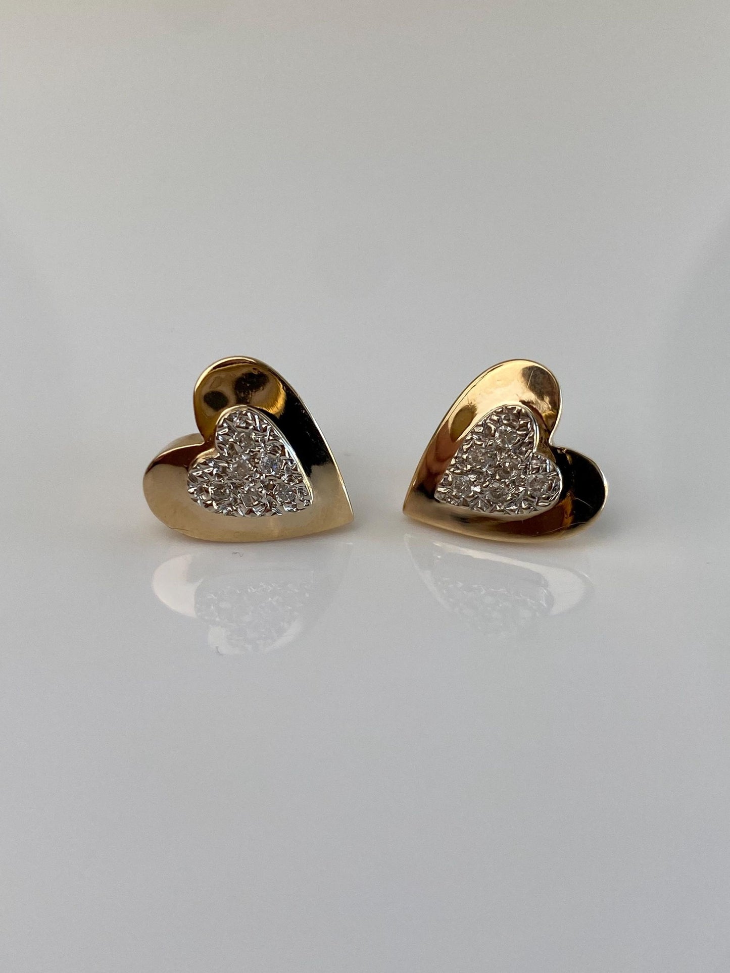 Vintage Solid 14k White & Yellow Gold Diamond Heart Stud Earrings