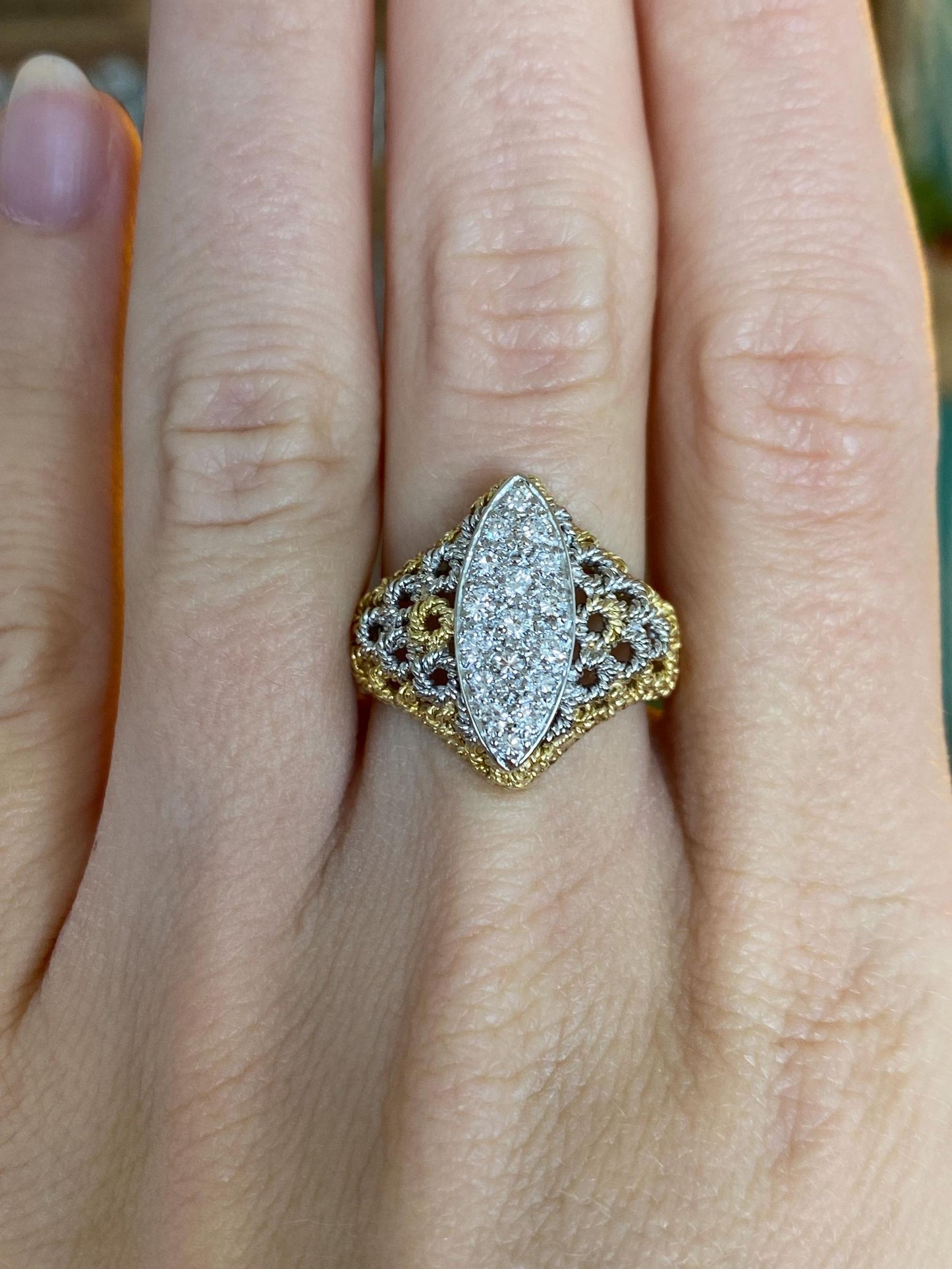 Vintage Solid 18k White & Yellow Gold Diamond Cluster Ring - Size 8.25
