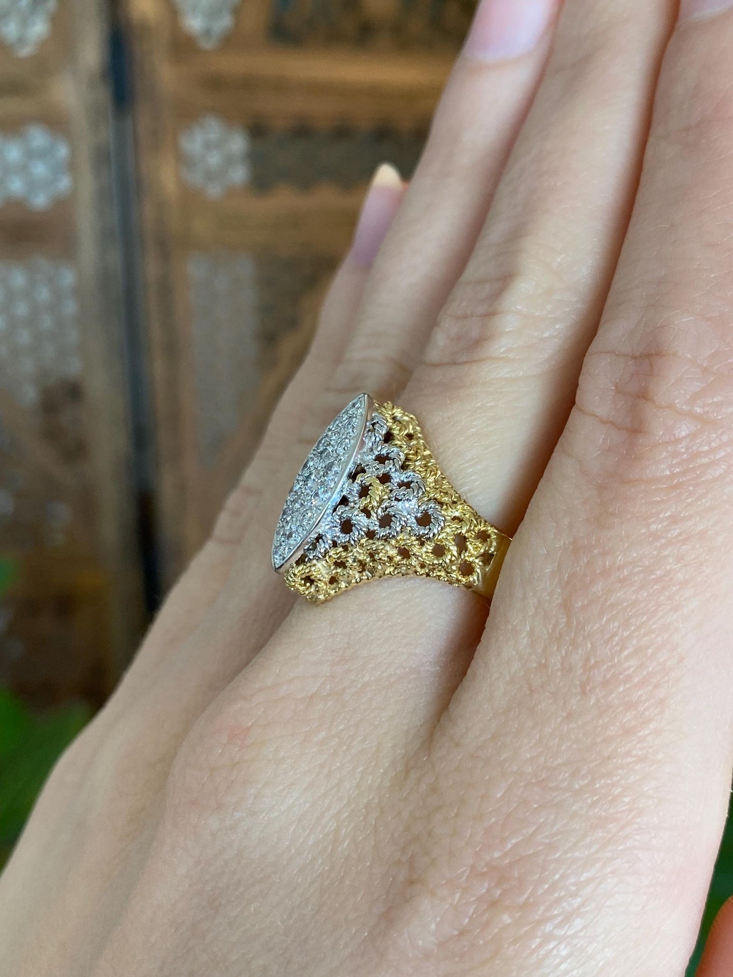 Vintage Solid 18k White & Yellow Gold Diamond Cluster Ring - Size 8.25