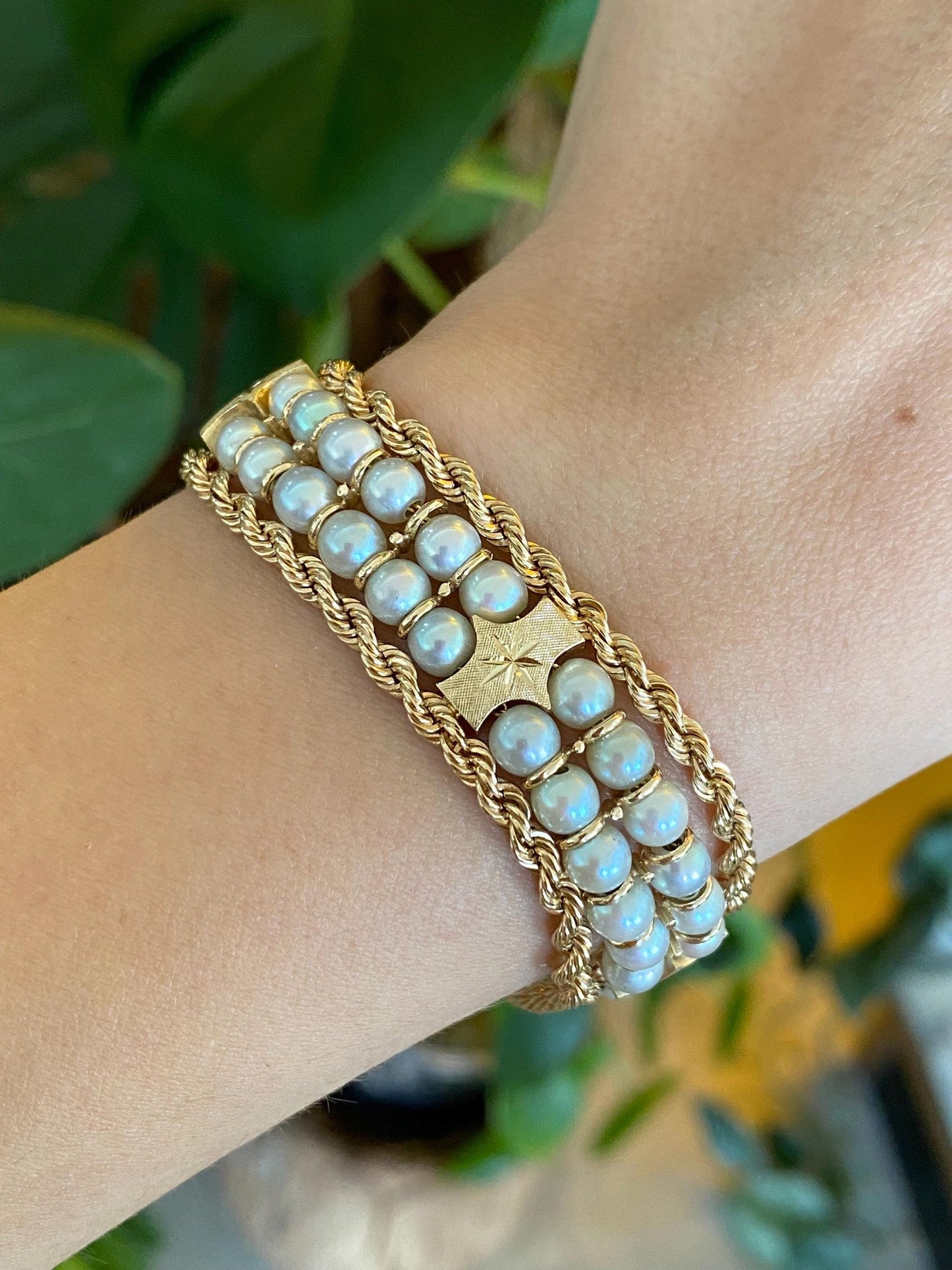 Vintage Solid 14k Yellow Gold Pearls Diamond Cut Link Rope Chain Bracelet - 7 inches