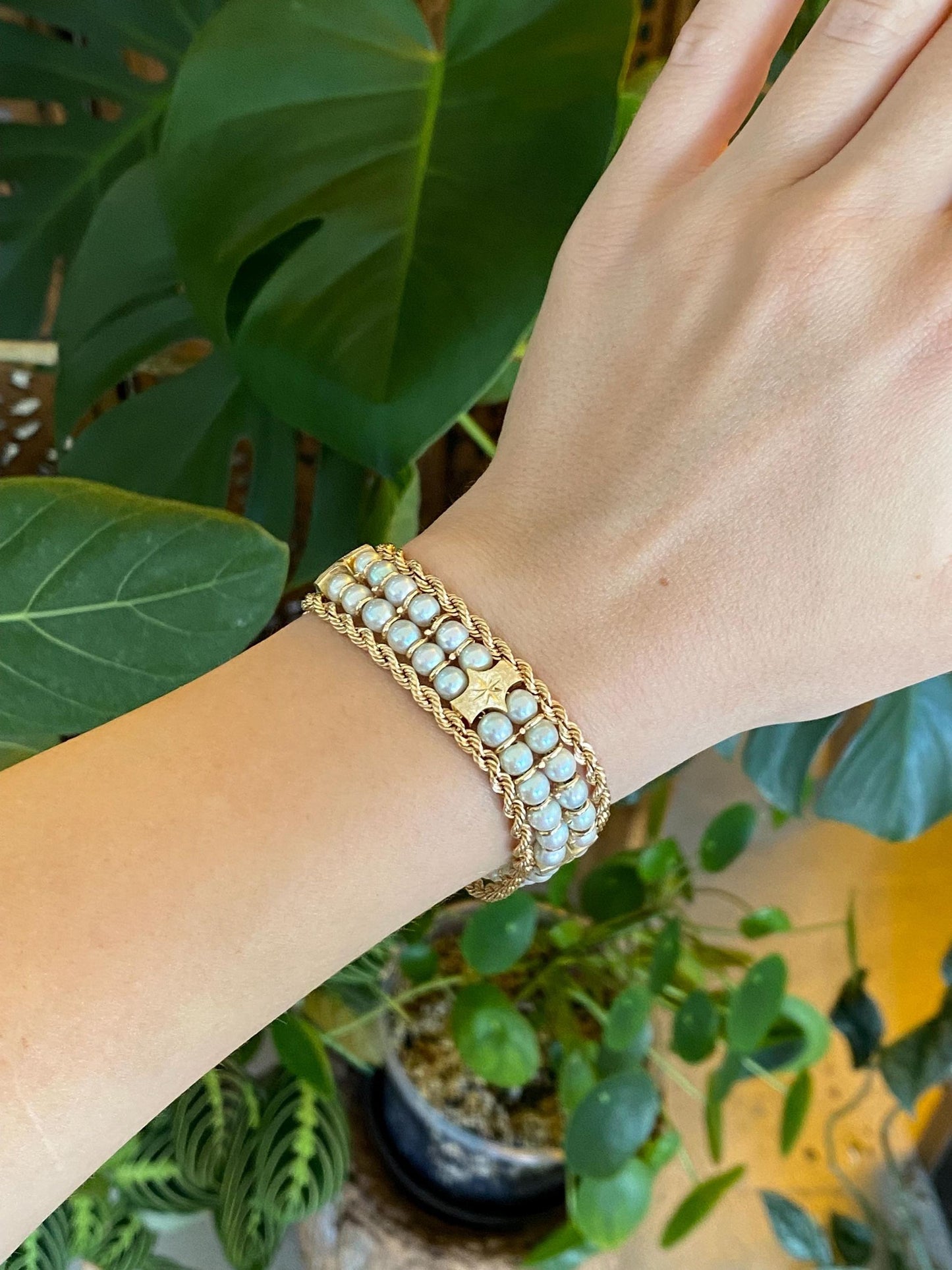 Vintage Solid 14k Yellow Gold Pearls Diamond Cut Link Rope Chain Bracelet - 7 inches