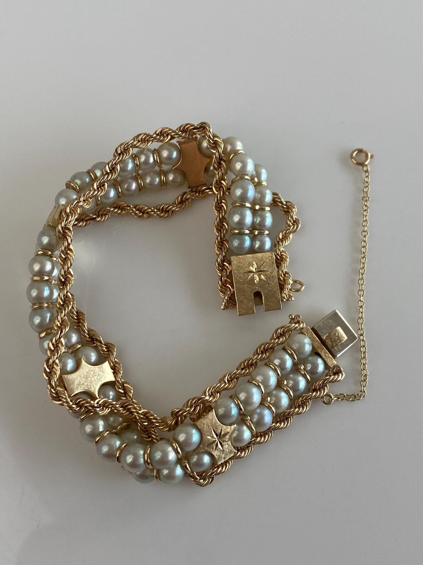 Vintage Solid 14k Yellow Gold Pearls Diamond Cut Link Rope Chain Bracelet - 7 inches