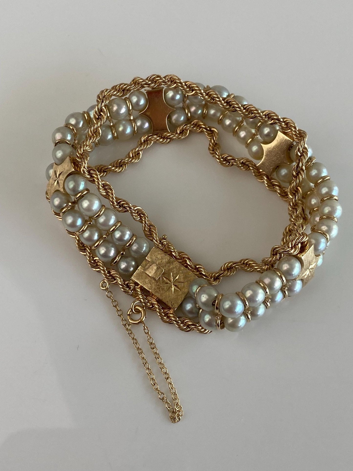 Vintage Solid 14k Yellow Gold Pearls Diamond Cut Link Rope Chain Bracelet - 7 inches