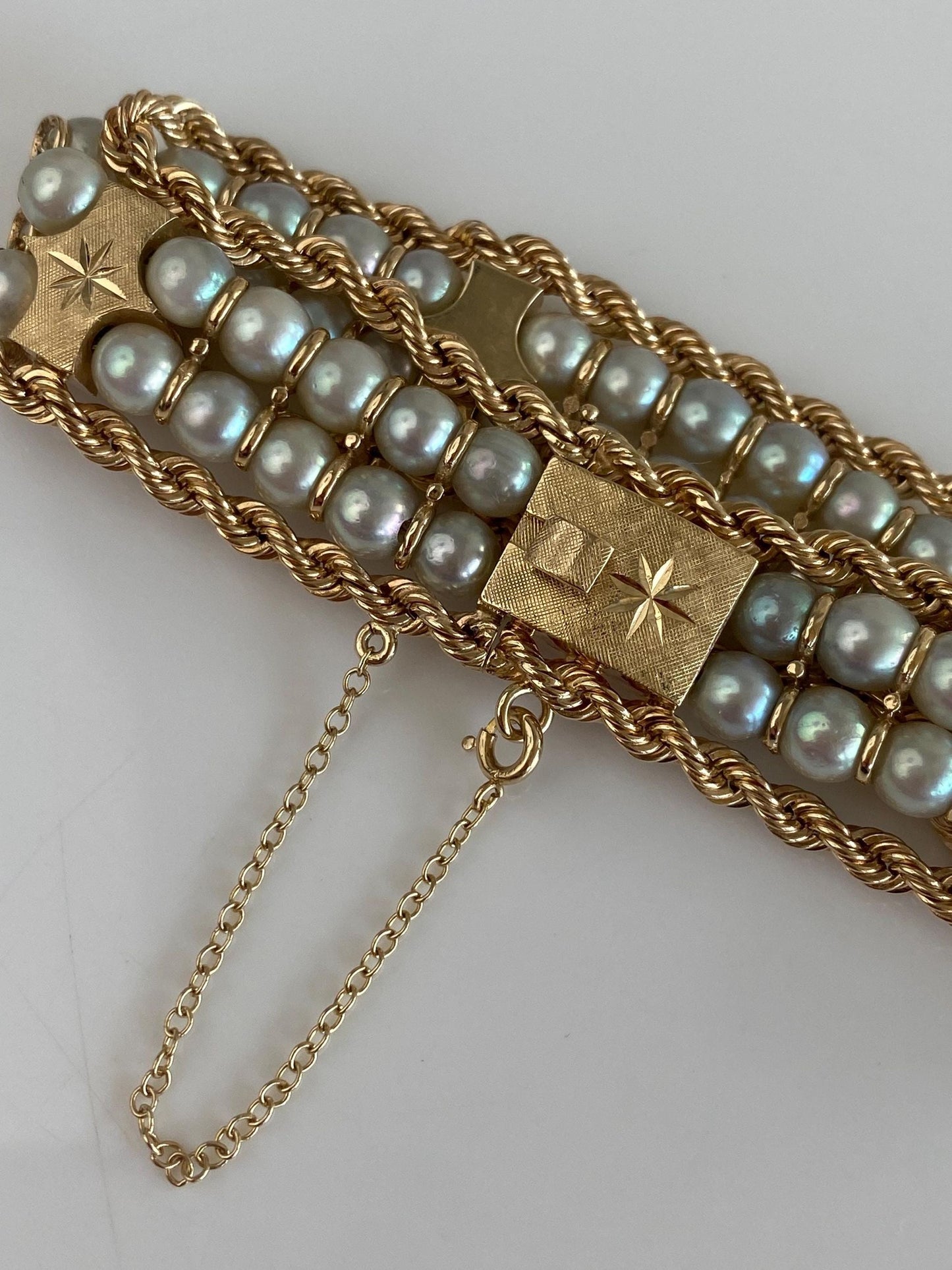 Vintage Solid 14k Yellow Gold Pearls Diamond Cut Link Rope Chain Bracelet - 7 inches